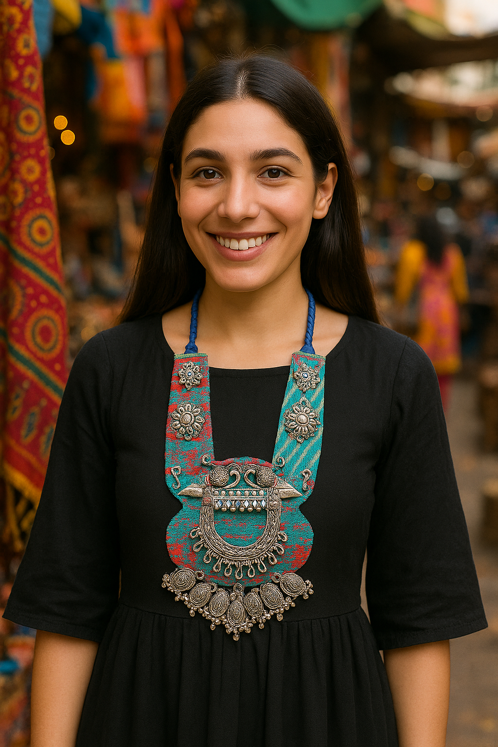Blue and Multi-Color Hand Embroidered Collar Necklace with Metal Accents