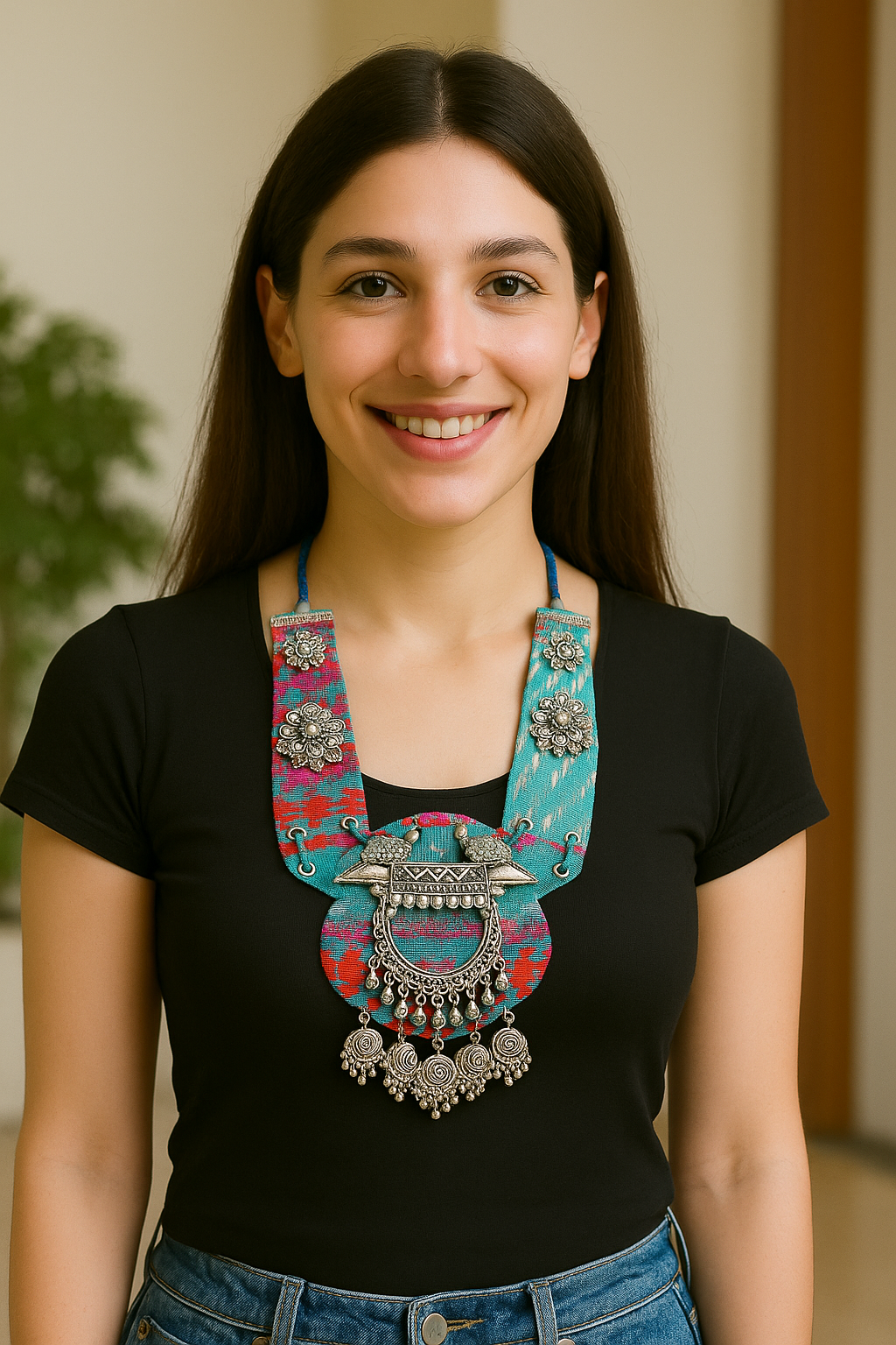 Blue and Multi-Color Hand Embroidered Collar Necklace with Metal Accents