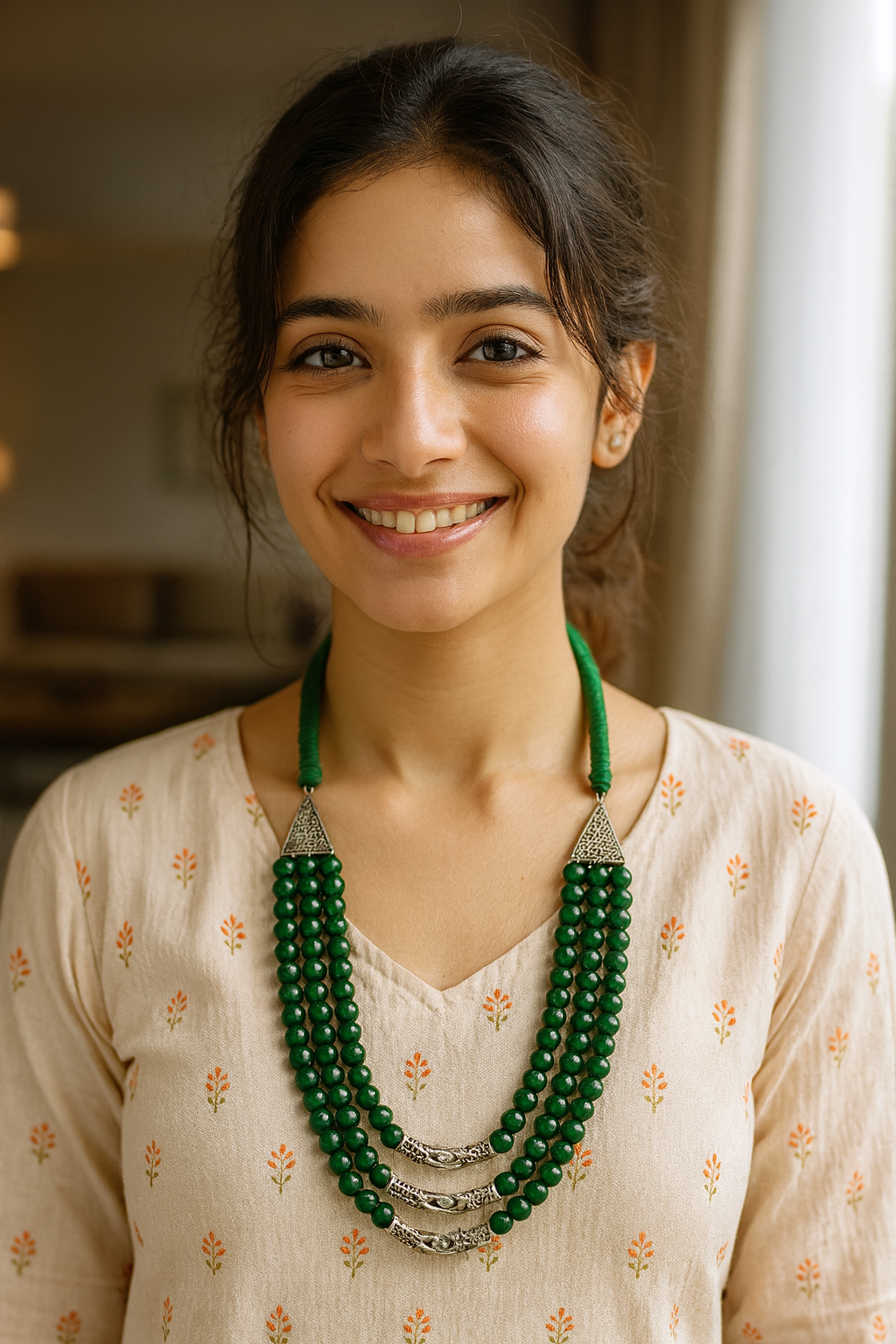 Green Glass Beads Metal 3 Layer Necklace