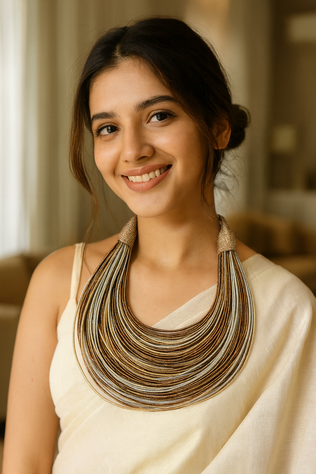 Grey & Brown Handmade Silk Threads Multi-Layer Statement African Choker Necklace