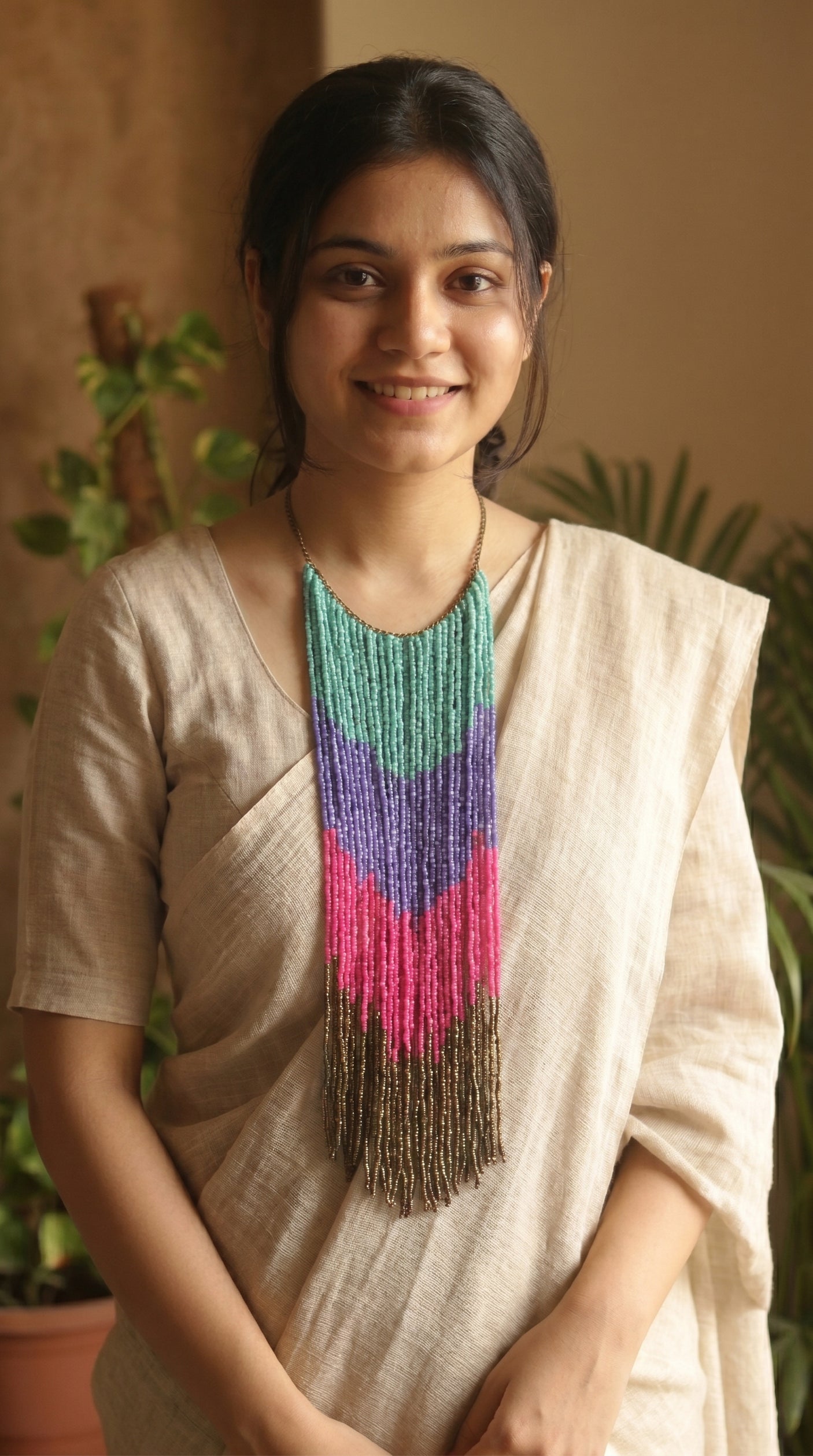 Colour Block Ombre Seed Bead Long Fringe Waterfall Necklace