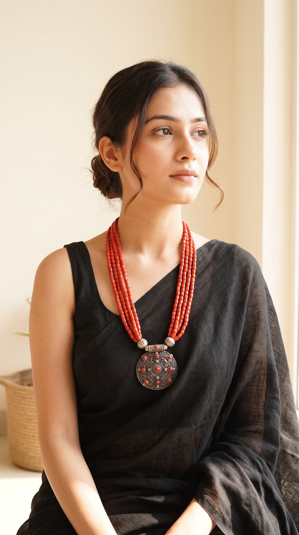 Coral Beads Oxidised Finish Metal Brass Pendant Necklace