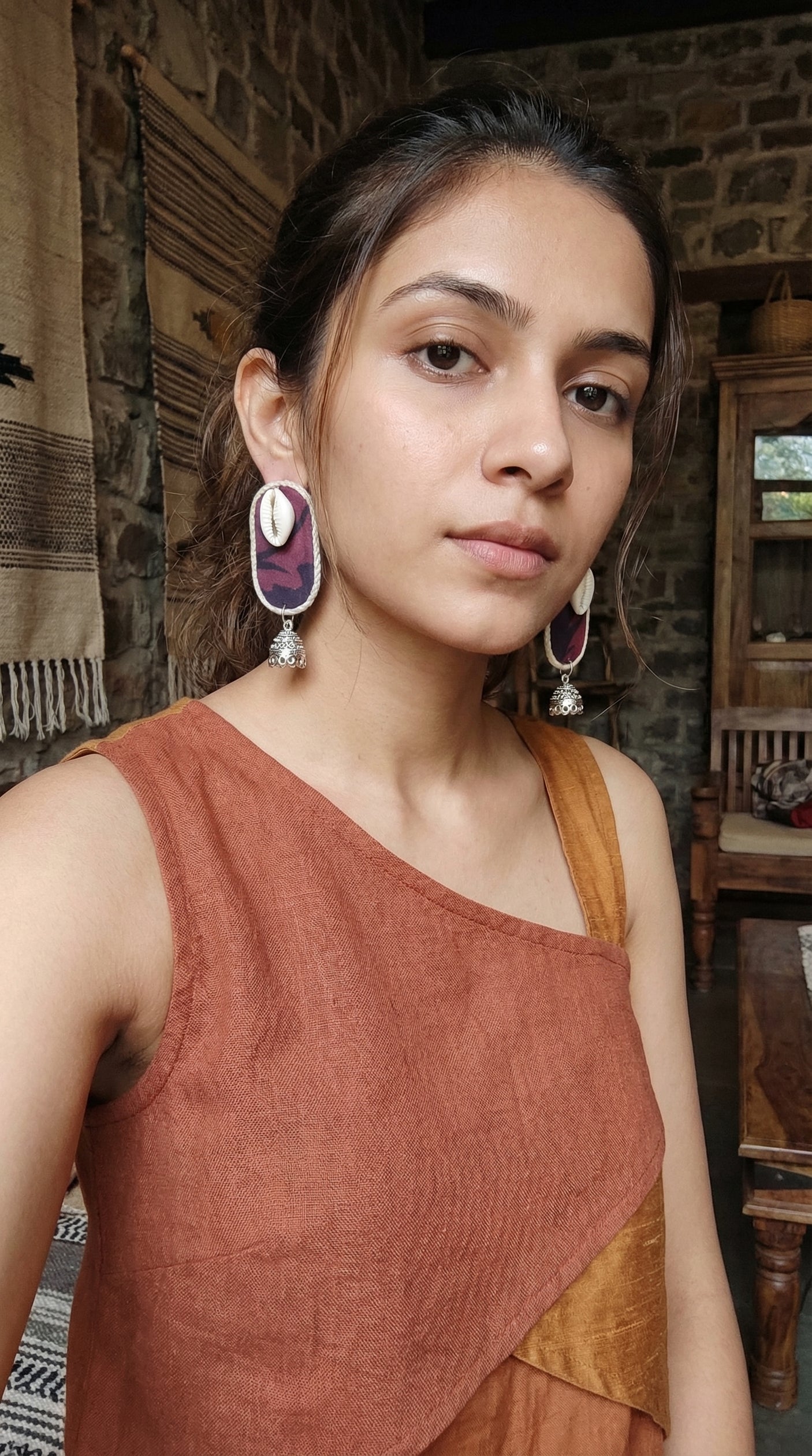 Cotton Fabric and Jute Earrings with Jhumka