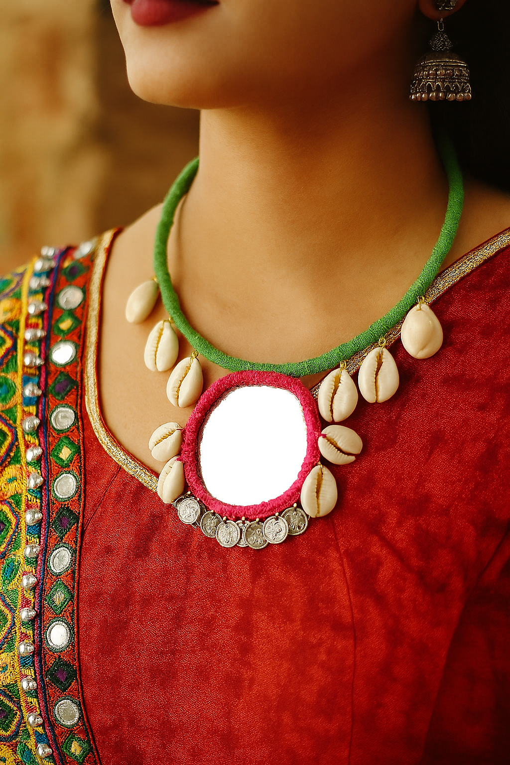 Mirror and Cowrie Shells Handmade Choker Necklace