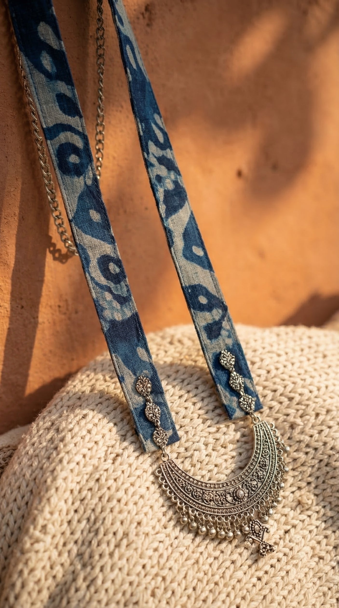 Crescent Moon Shaped Statement Pendant Collar Necklace with Indigo Fabric