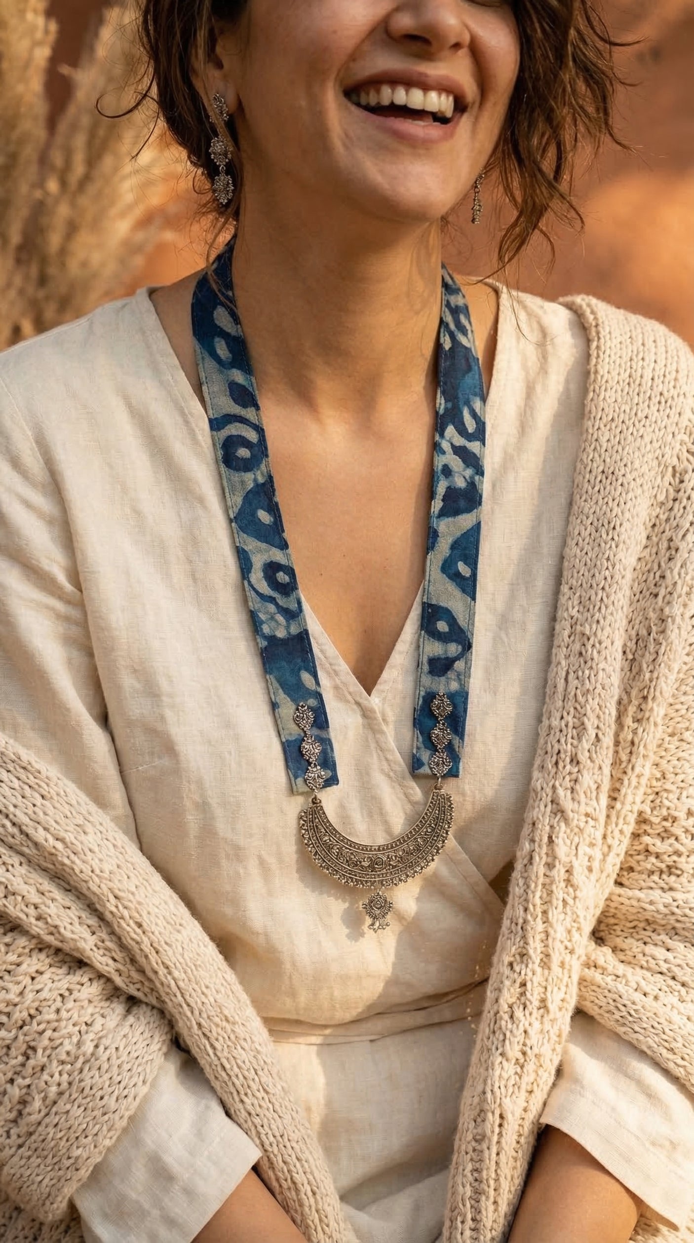 Crescent Moon Shaped Statement Pendant Collar Necklace with Indigo Fabric