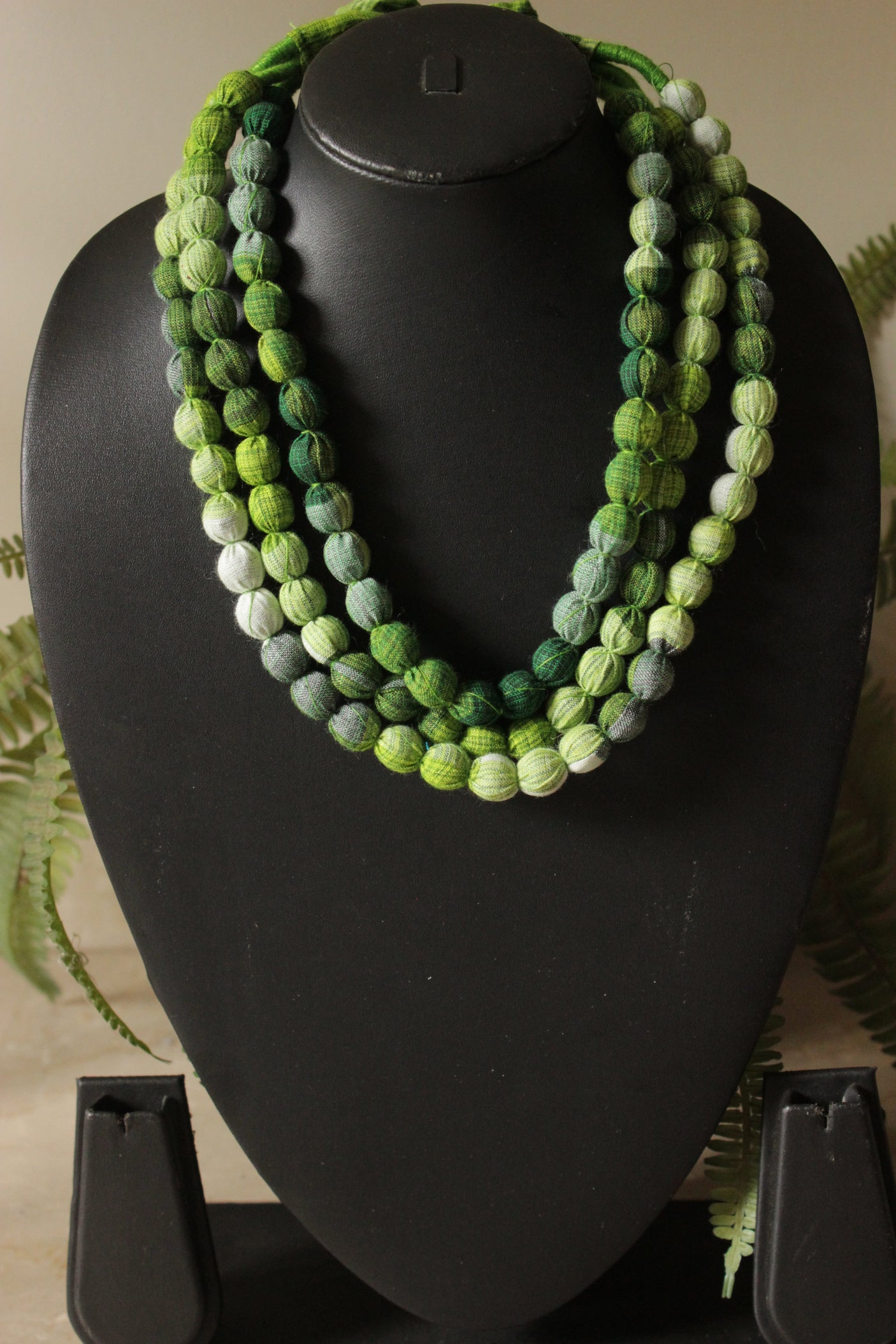Multi-Layer Shades of Green Earthy Tones Fabric Beads Necklace