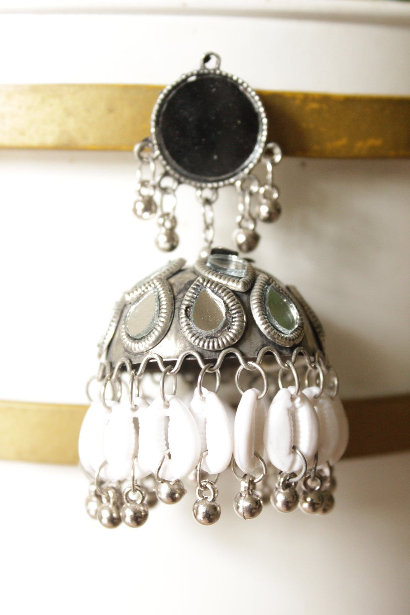 Mirror and Shell Oxidised Finish Lightweight Metal Jhumka