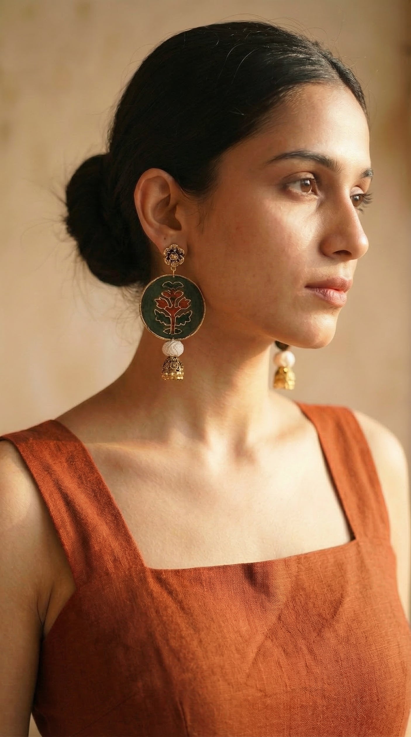 Dark Green Batik Round & Gold Metal Accents Fabric Jhumka Earrings