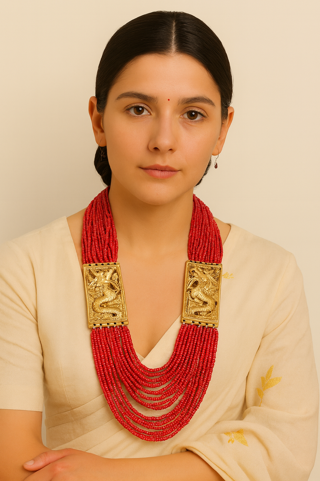 Coral Seed Beads Dragon Motif Matt Gold Finish Necklace