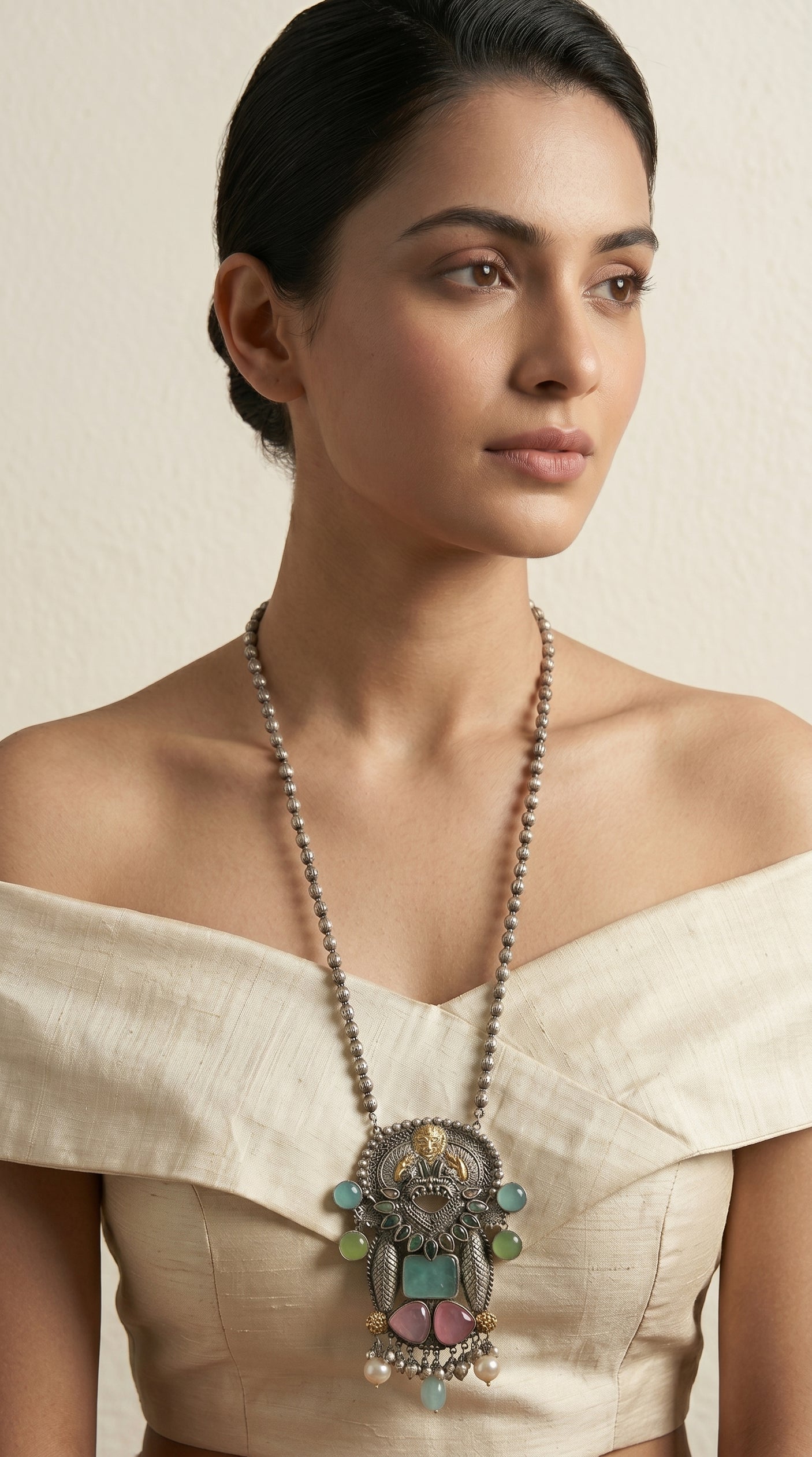 Dual Tone Mughal Filigree Multi-Gemstone Pendant Necklace on Silver Bead Chain
