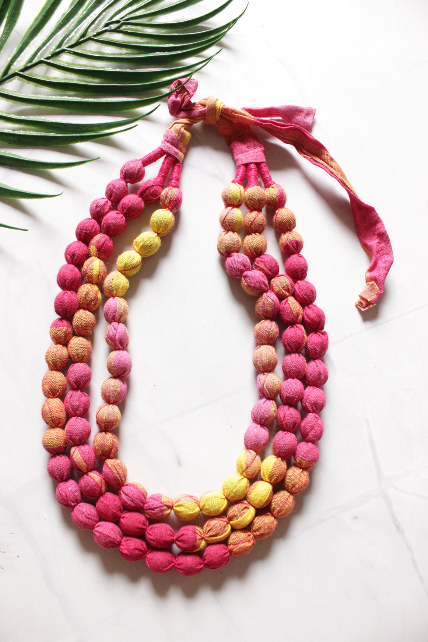 Multi-Layer Shades of Pink and Yellow Earthy Tones Fabric Beads Necklace