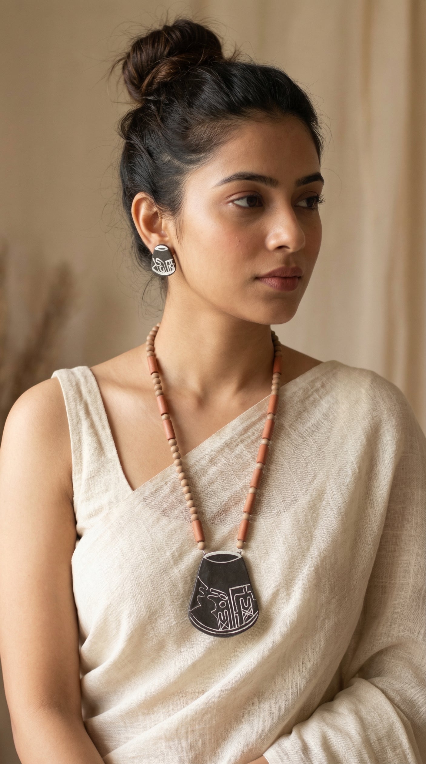 Earthy Hand Painted Terracotta Clay Necklace Set