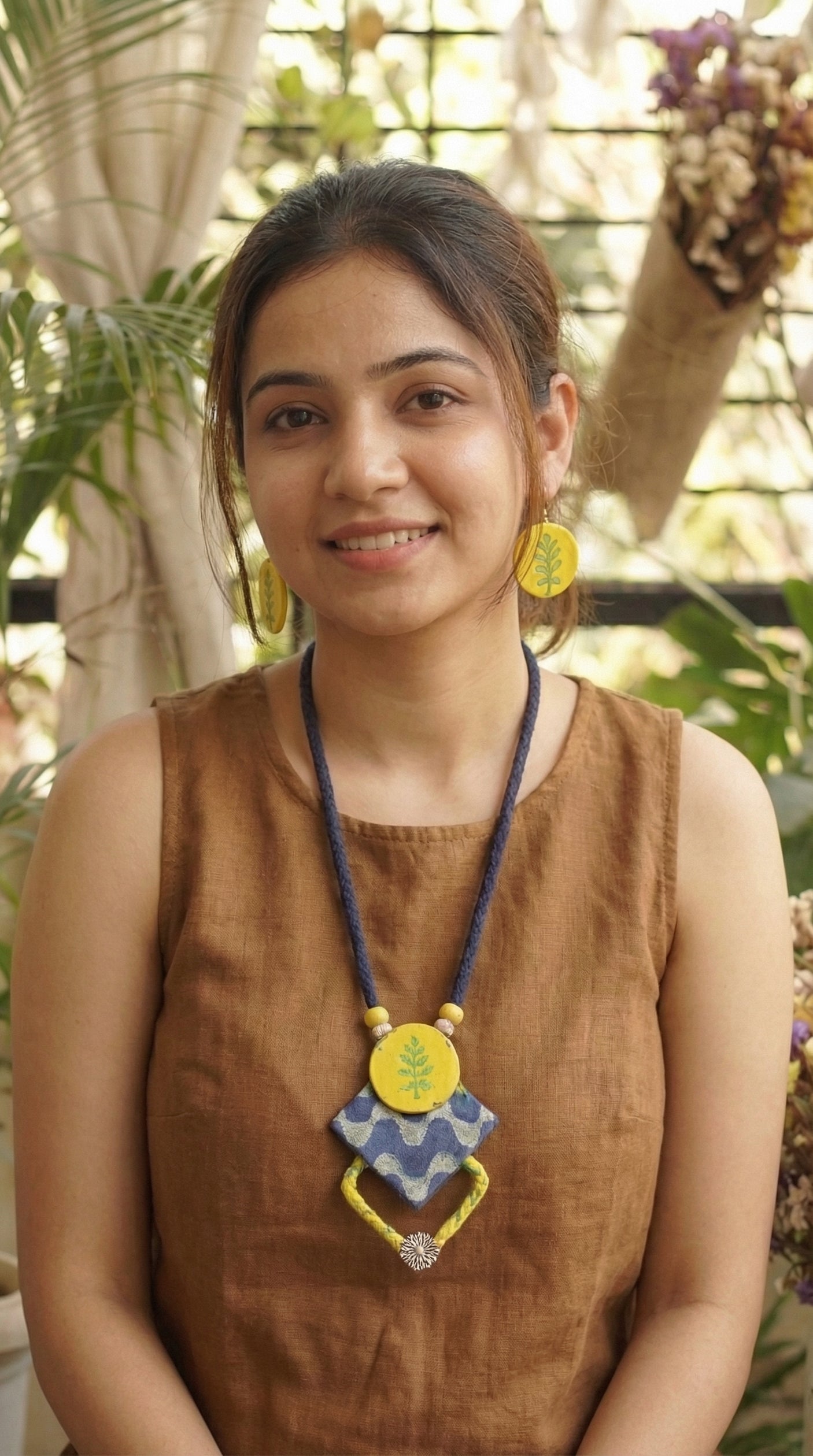 Earthy Indigo & Yellow Fabric Choker Necklace Set with Stud Earrings and Adjustable Thread Closure