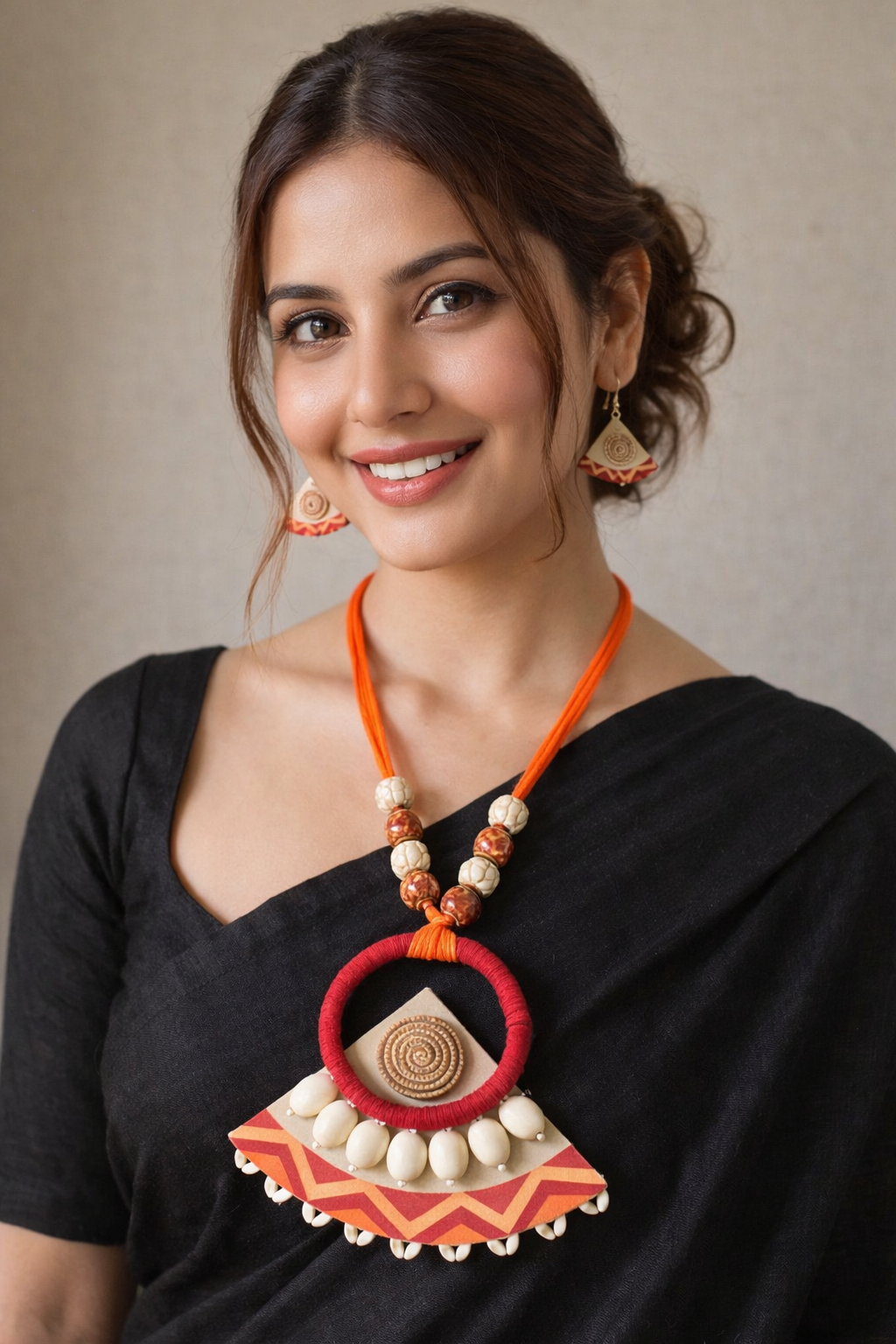 Earthy Multi-Color Fabric Handcrafted and Hand Painted Shell Work Necklace Set