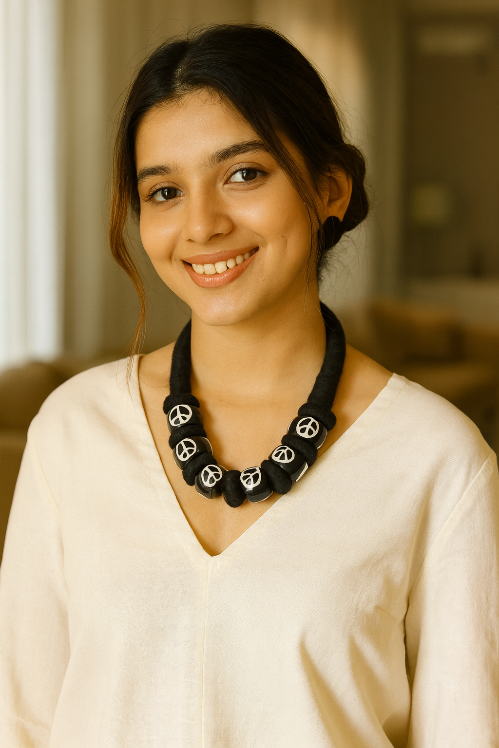 Engraved Wooden Beads Woven in a Rope Choker Necklace