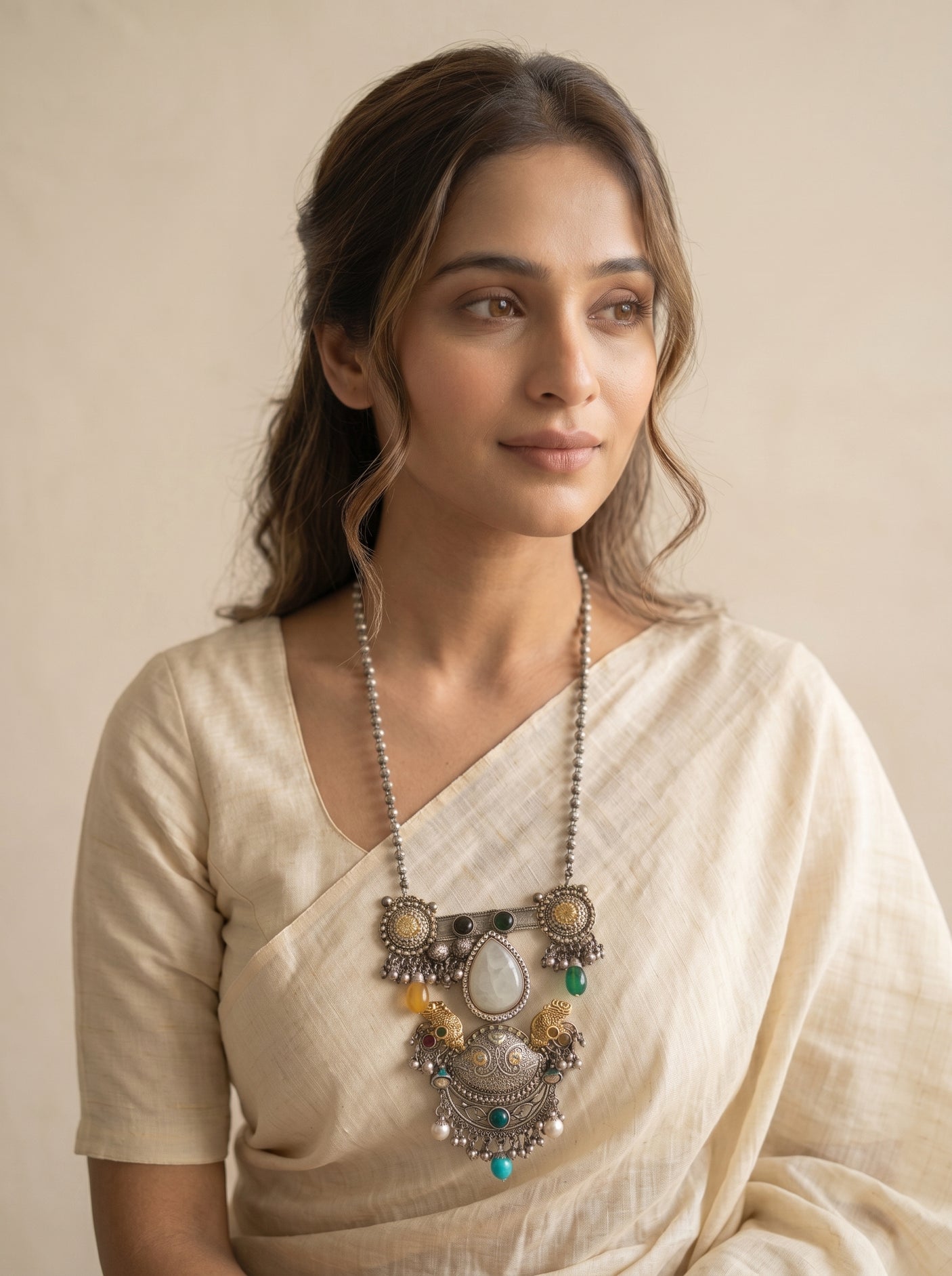 Exquisite Intricately Detailed Statement Necklace with Natural Gemstones