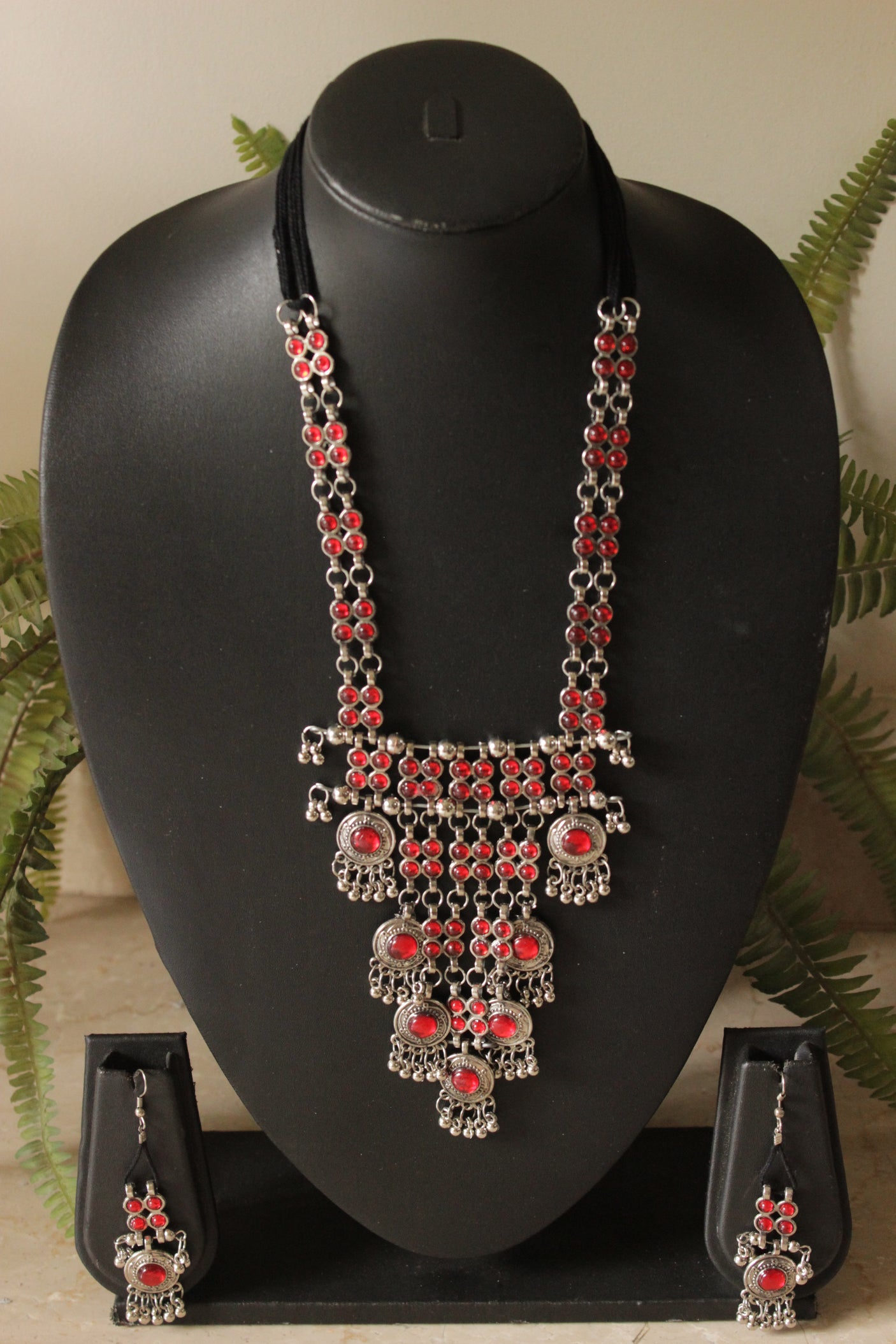 Red Glass Work Oxidised Finish Long Adjustable Length Necklace Set