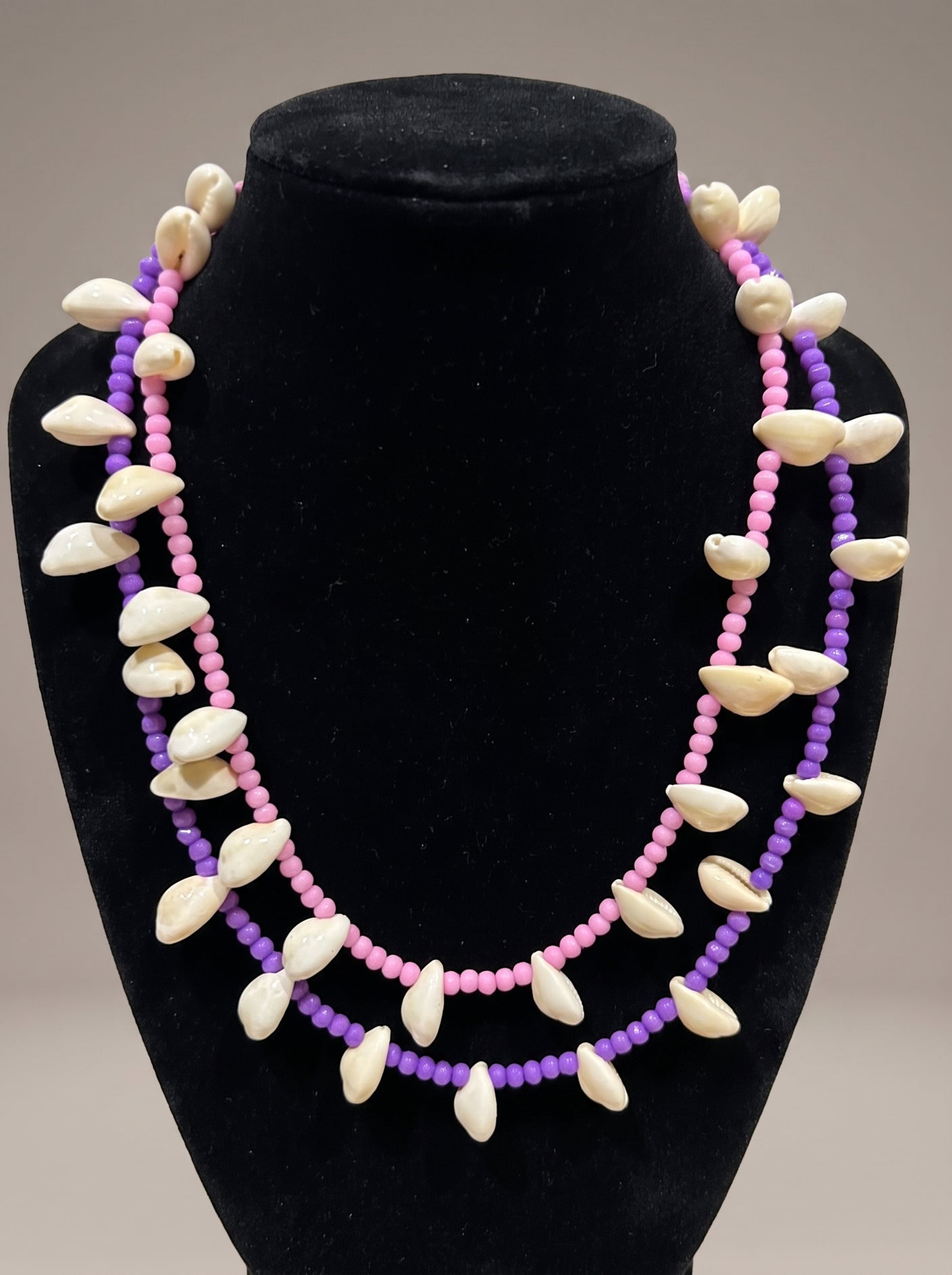 Soft Pink and Purple Beads and Cowrie Shells Boho Necklace