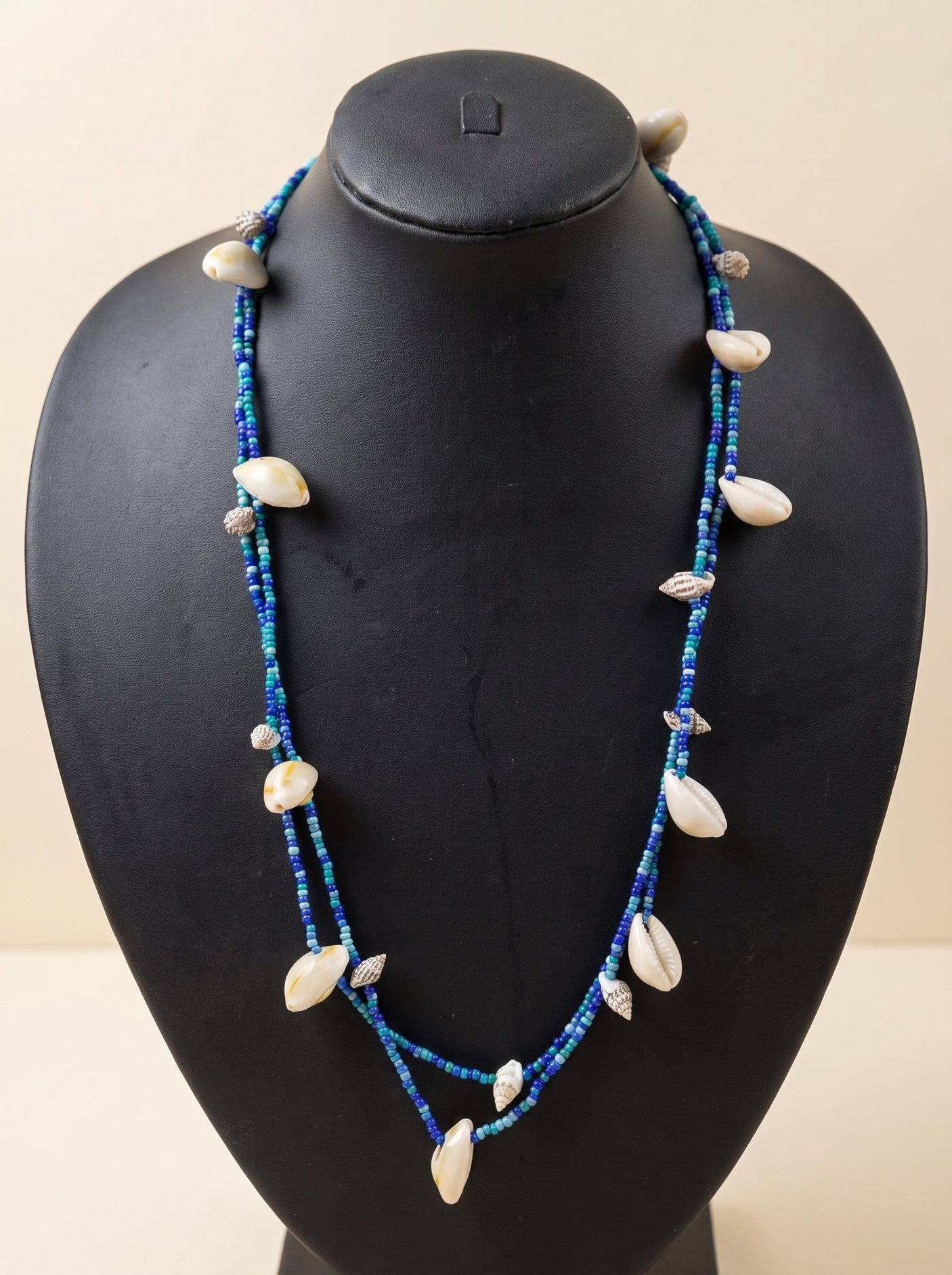 Shades of Blue Beads and Cowries Shells Handmade Boho Necklace