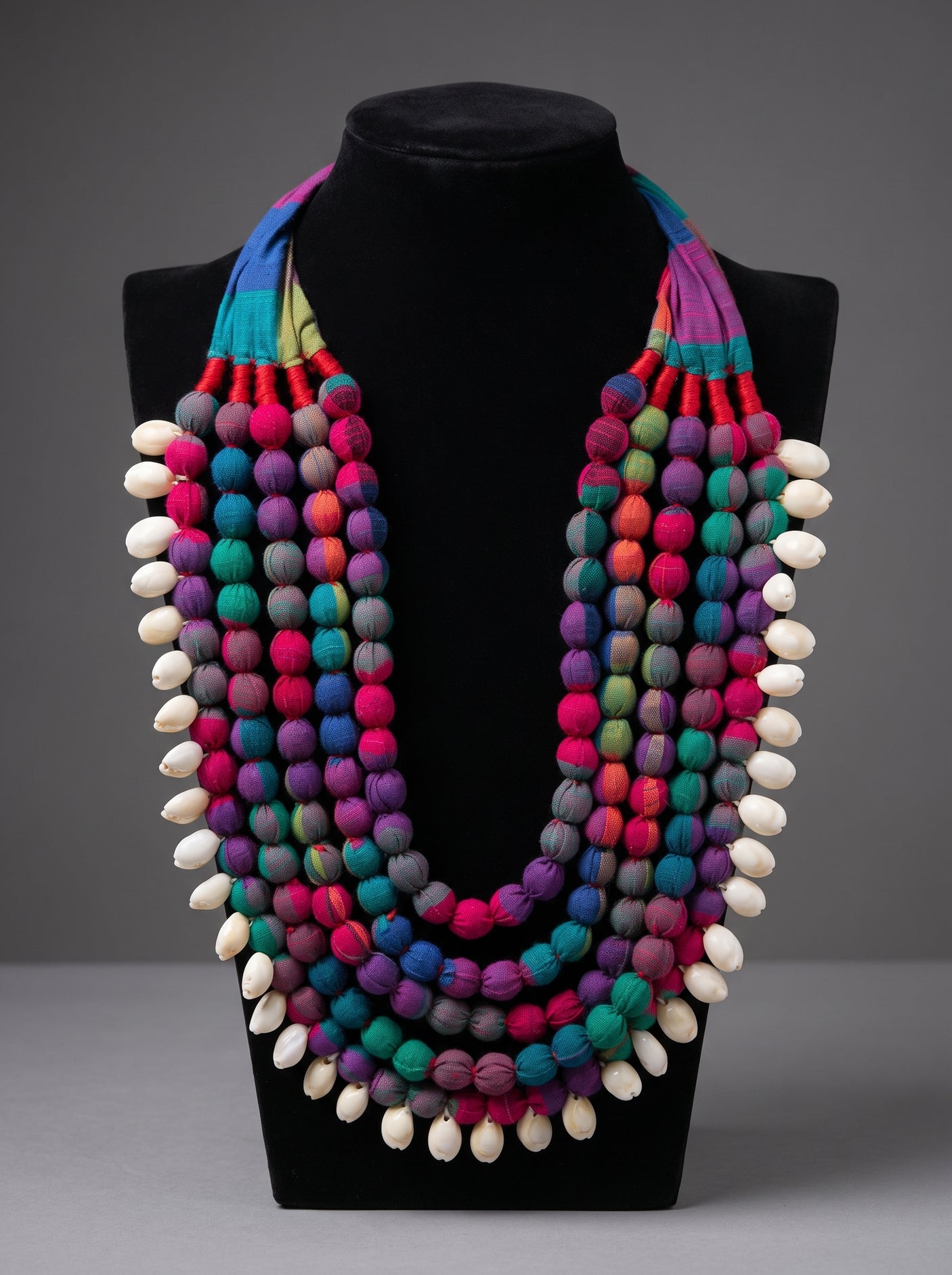 Multi-Layer Earthy Tones 5 Layer Fabric Beads Necklace with Shells