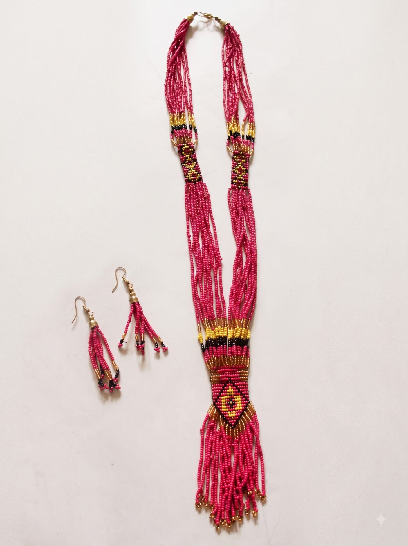 Pink and Multi-Color Hand Beaded Long Necklace Set