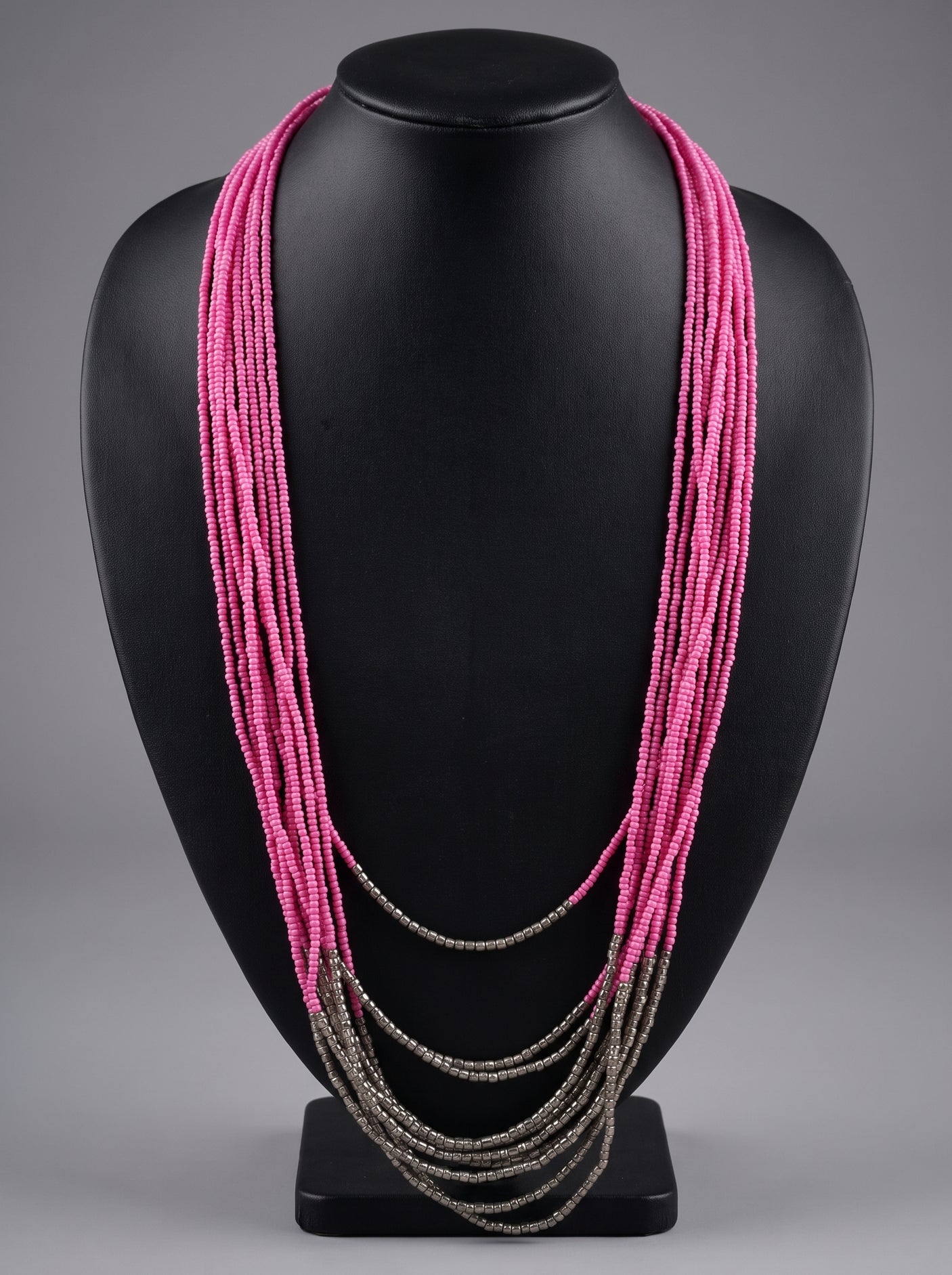 Soft Pink and Grey Color Blocked Handmade long Beaded Necklace