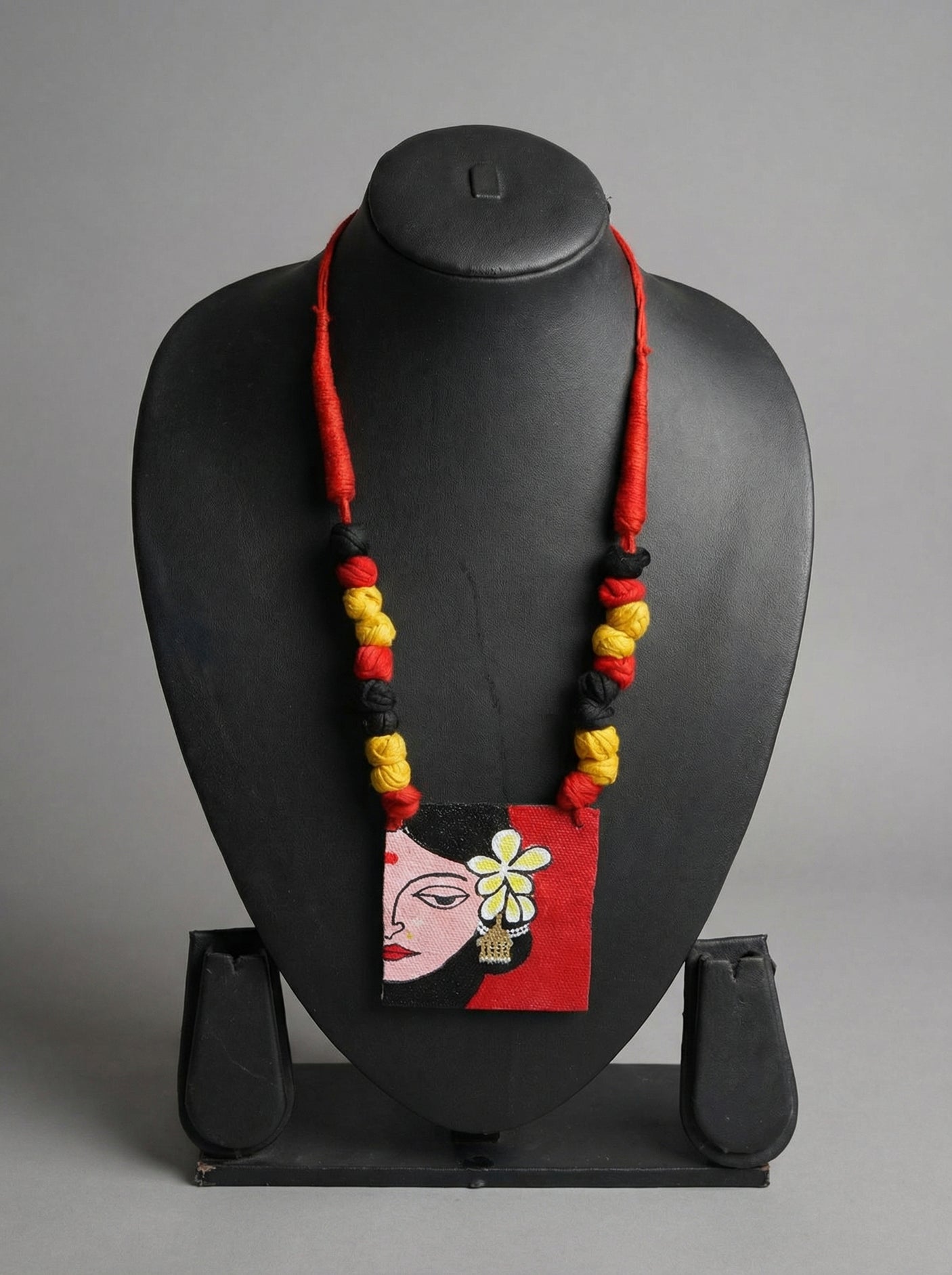 Folk Art Woman Portrait Fabric Hand Painted Necklace