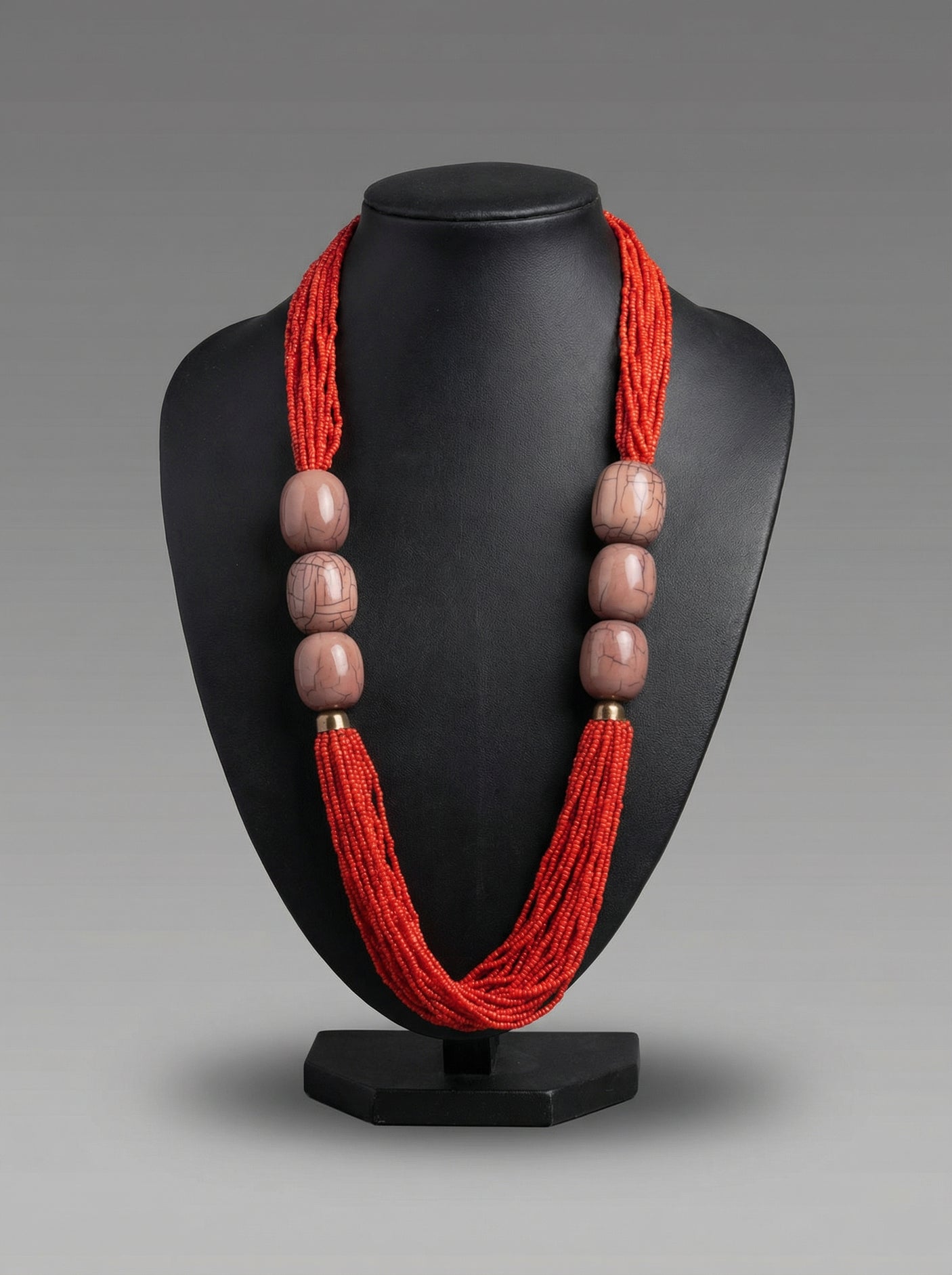 Multi-Strand Red Seed Bead Necklace with Oversized Crackle Beads