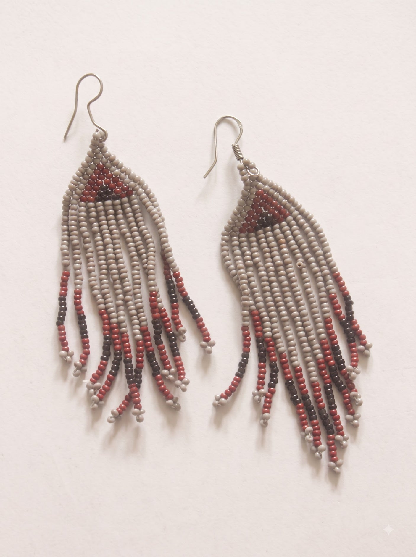 Muted Grey and Maroon Hand Beaded Dangler Earrings