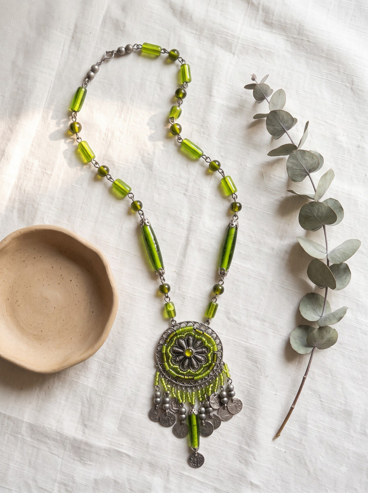 Green Glass Beads and Metal Boho Necklace