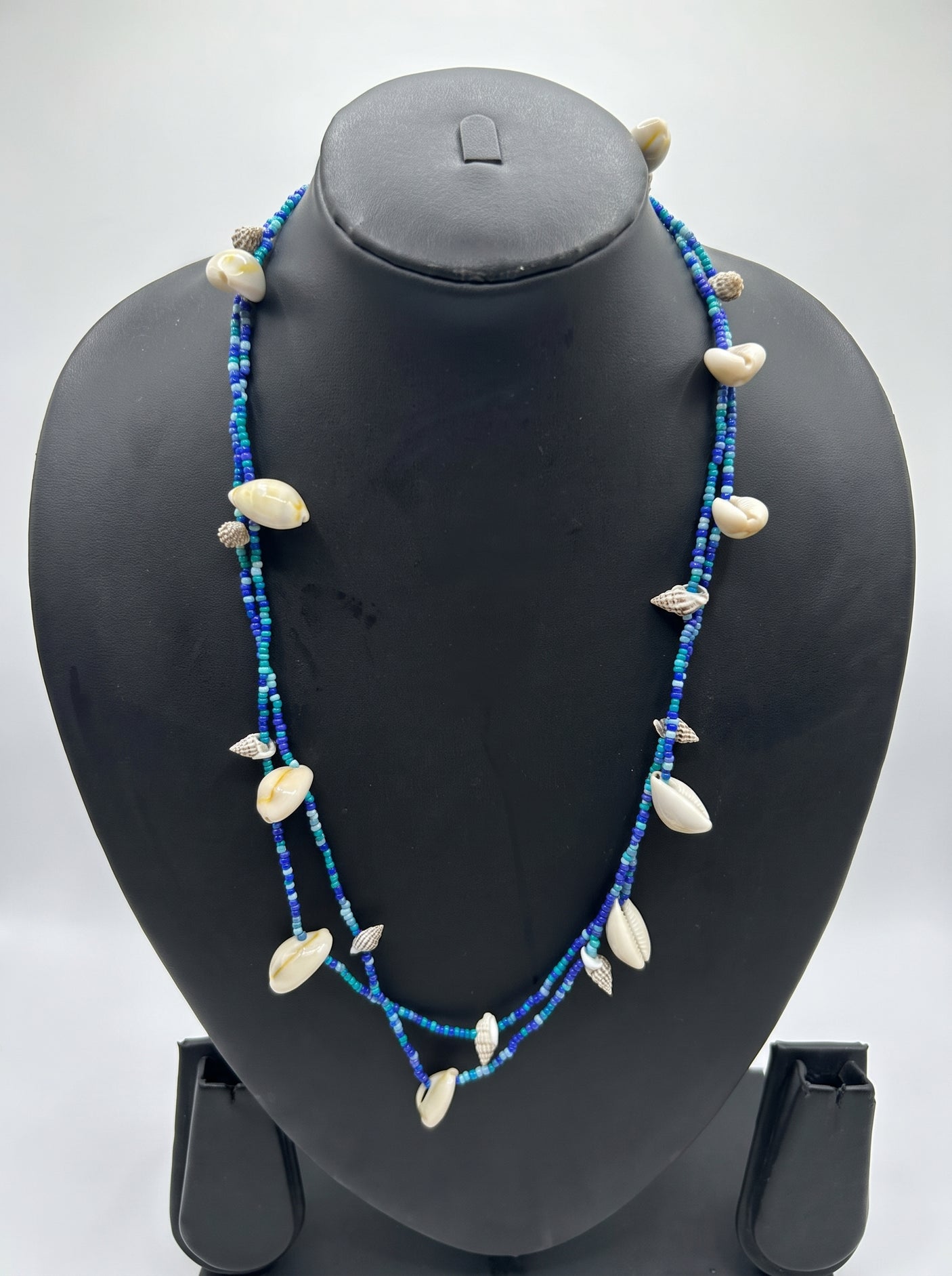Shades of Blue Beads and Cowrie Shells Boho Necklace