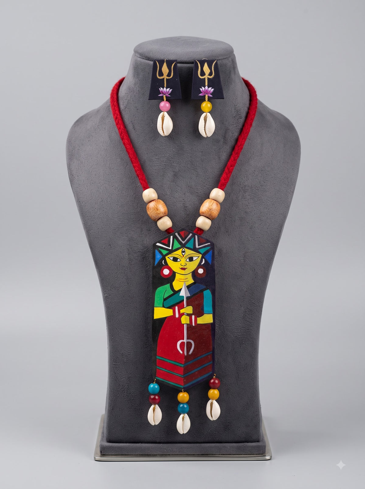 Hand Painted Maa Durga Fabric Necklace Set with Trishul Earrings