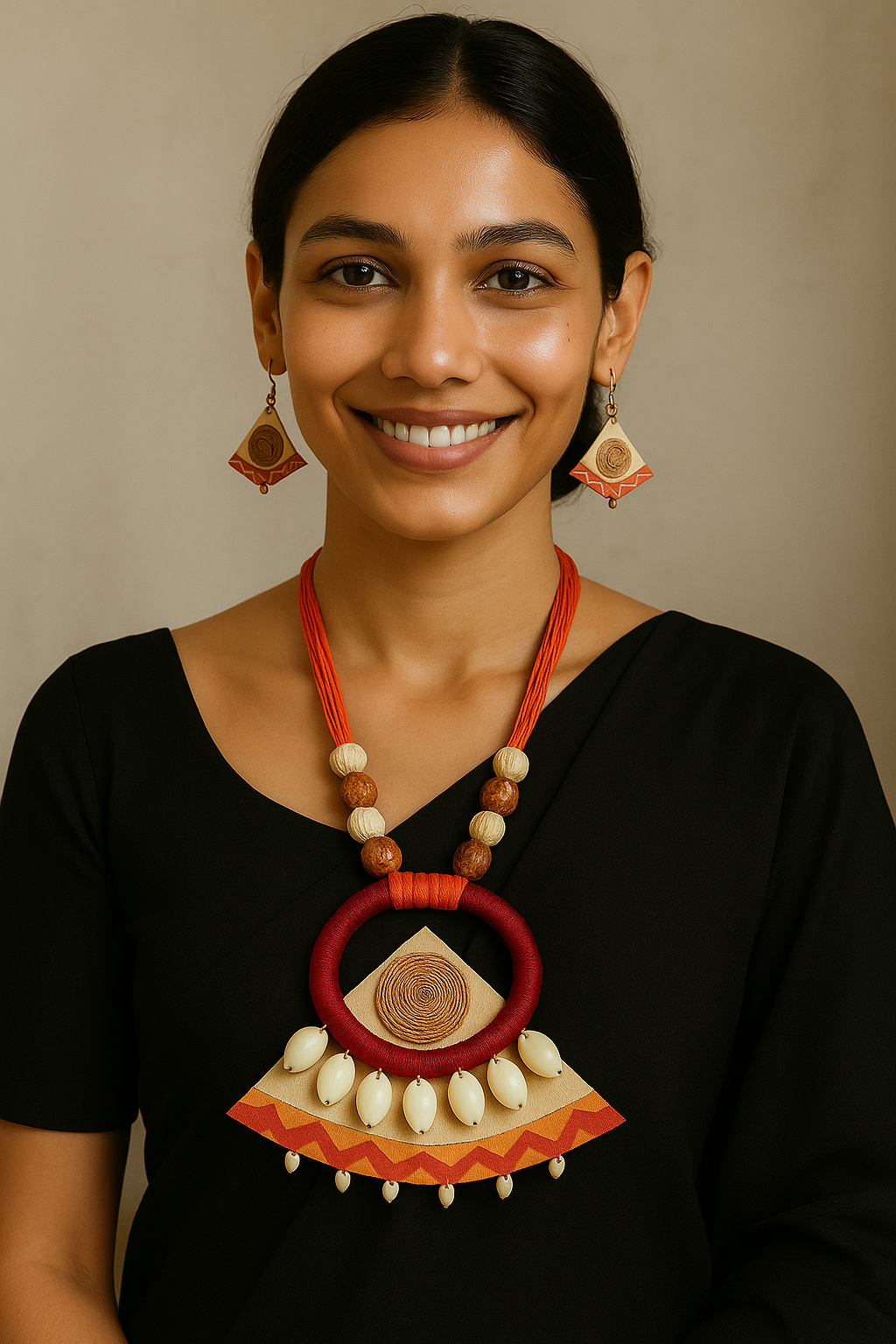 Earthy Multi-Color Fabric Handcrafted and Hand Painted Shell Work Necklace Set