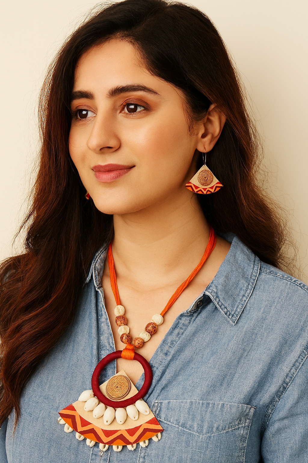 Earthy Multi-Color Fabric Handcrafted and Hand Painted Shell Work Necklace Set