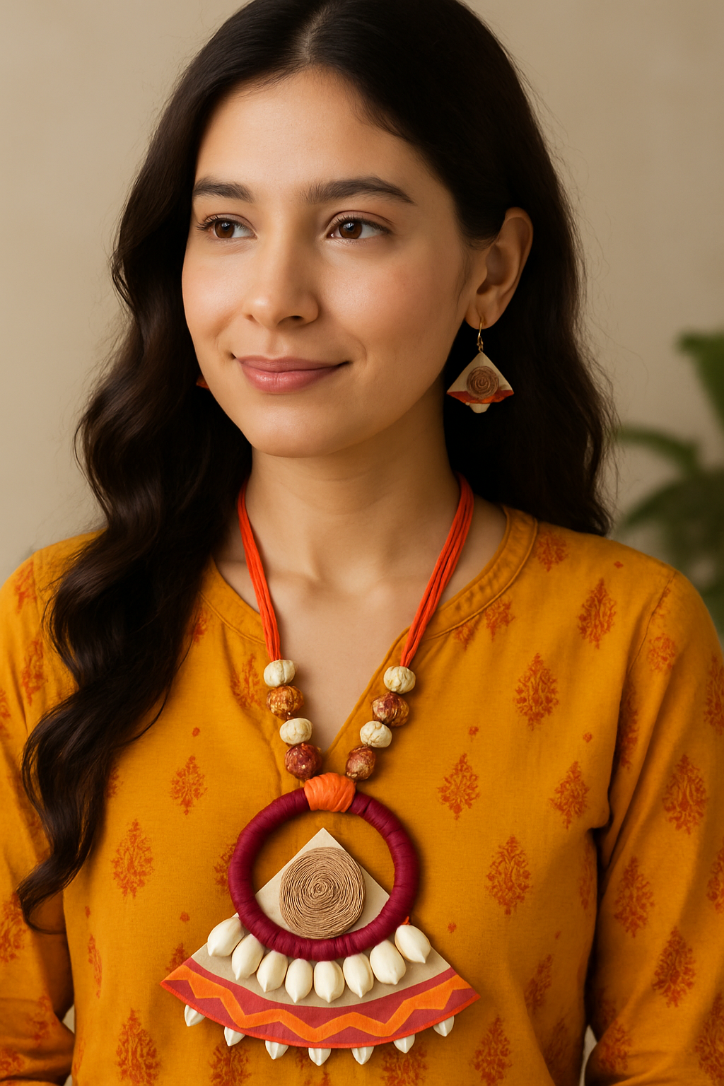 Earthy Multi-Color Fabric Handcrafted and Hand Painted Shell Work Necklace Set