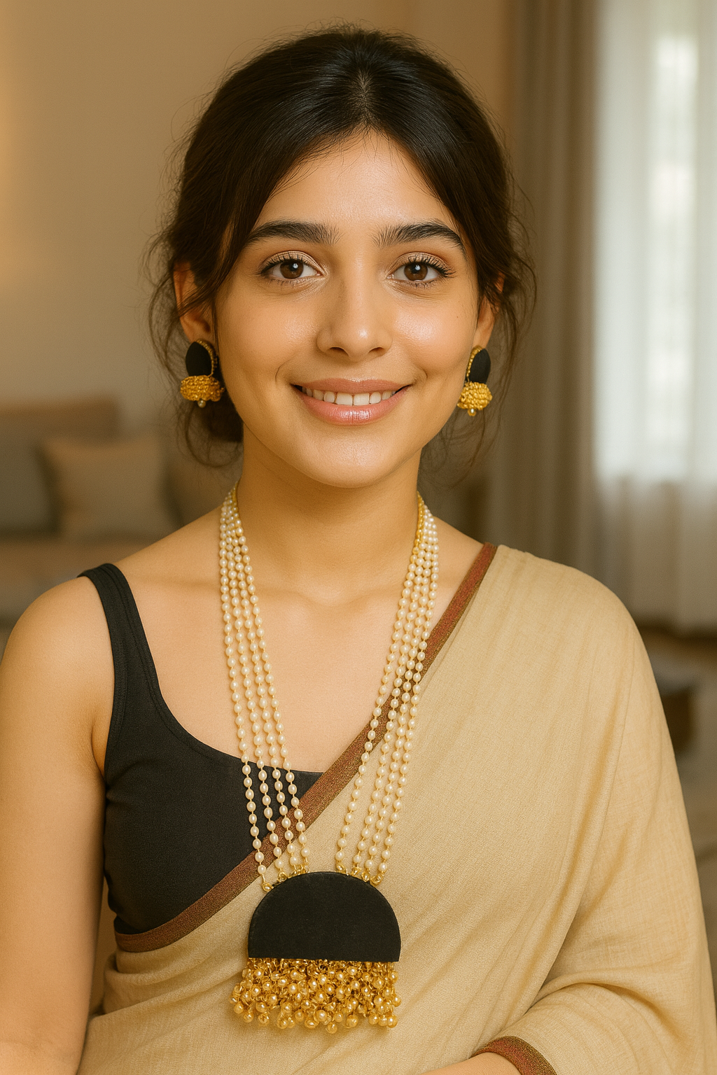 Fabric Pendant White & Golden Beads Dori Closure Long Necklace Set