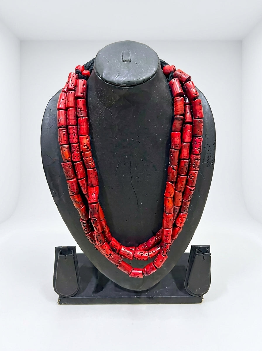 Red Coral Barrel Three Layer Bead Necklace