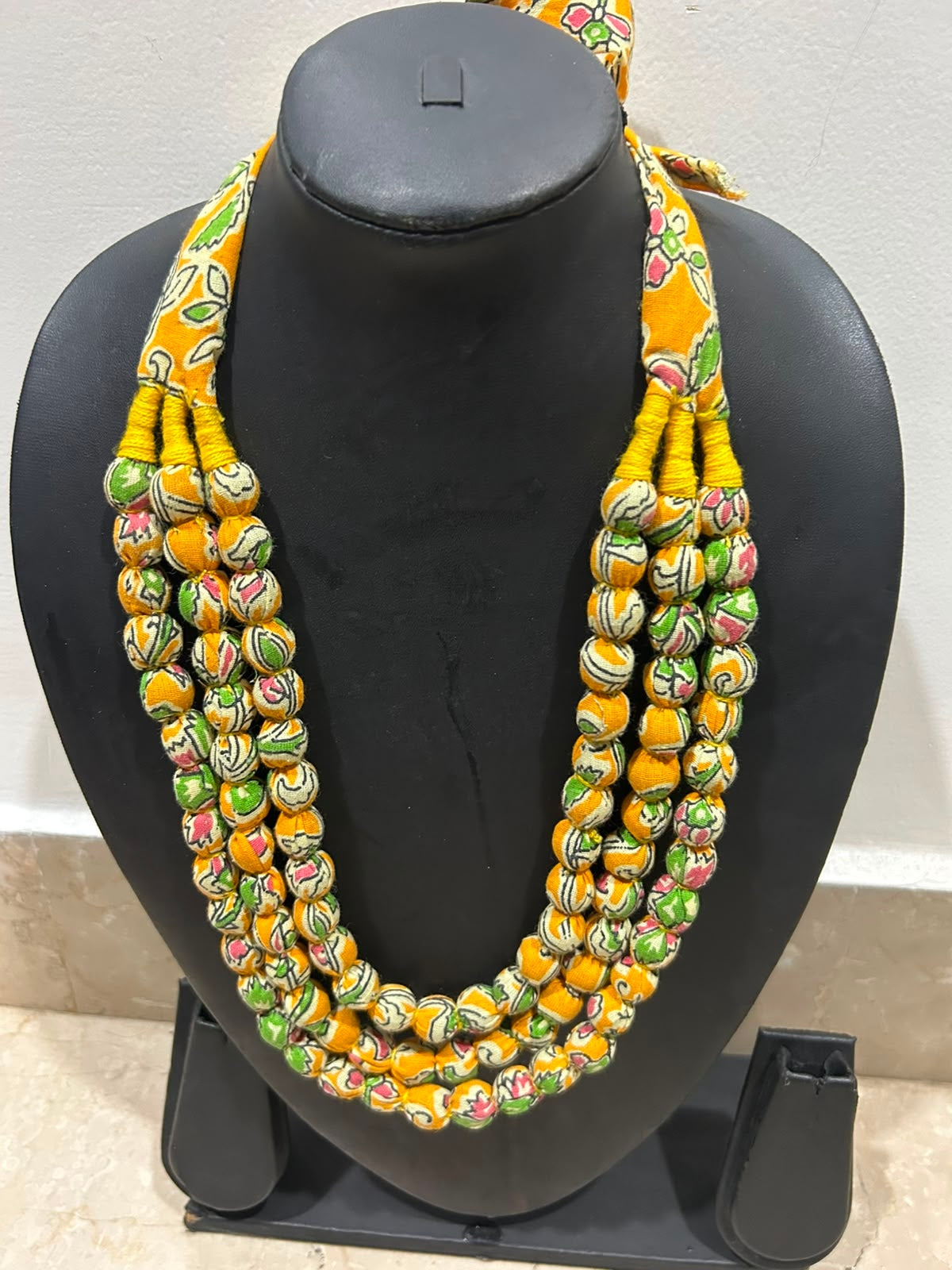 Yellow Floral Block Print Three-Strand Fabric Bead Necklace