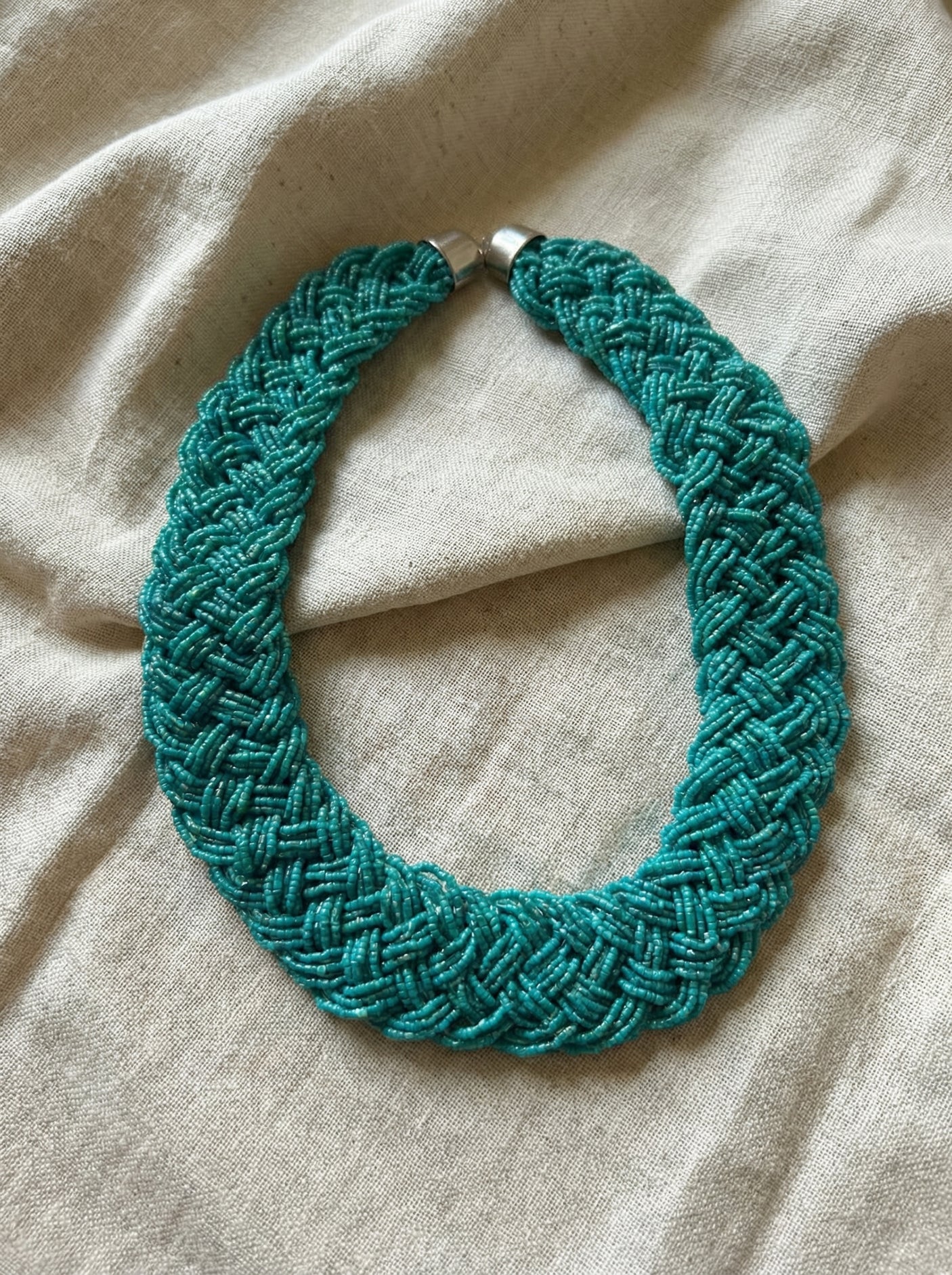 Emerald Weave — Teal Braided Seed Bead Necklace