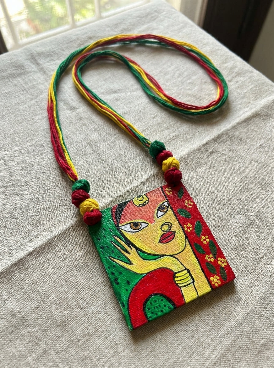 Woman Face Hand Painted Multi-Color Fabric Necklace