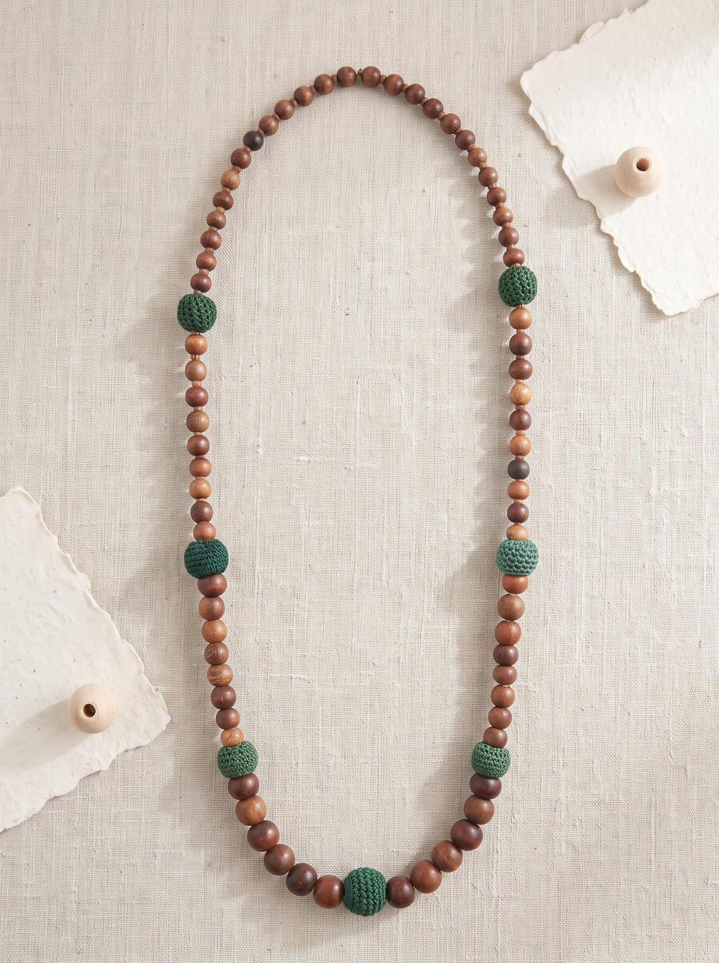 Wooden Beads Intertwined with Fabric Beads Long Elegant Necklace