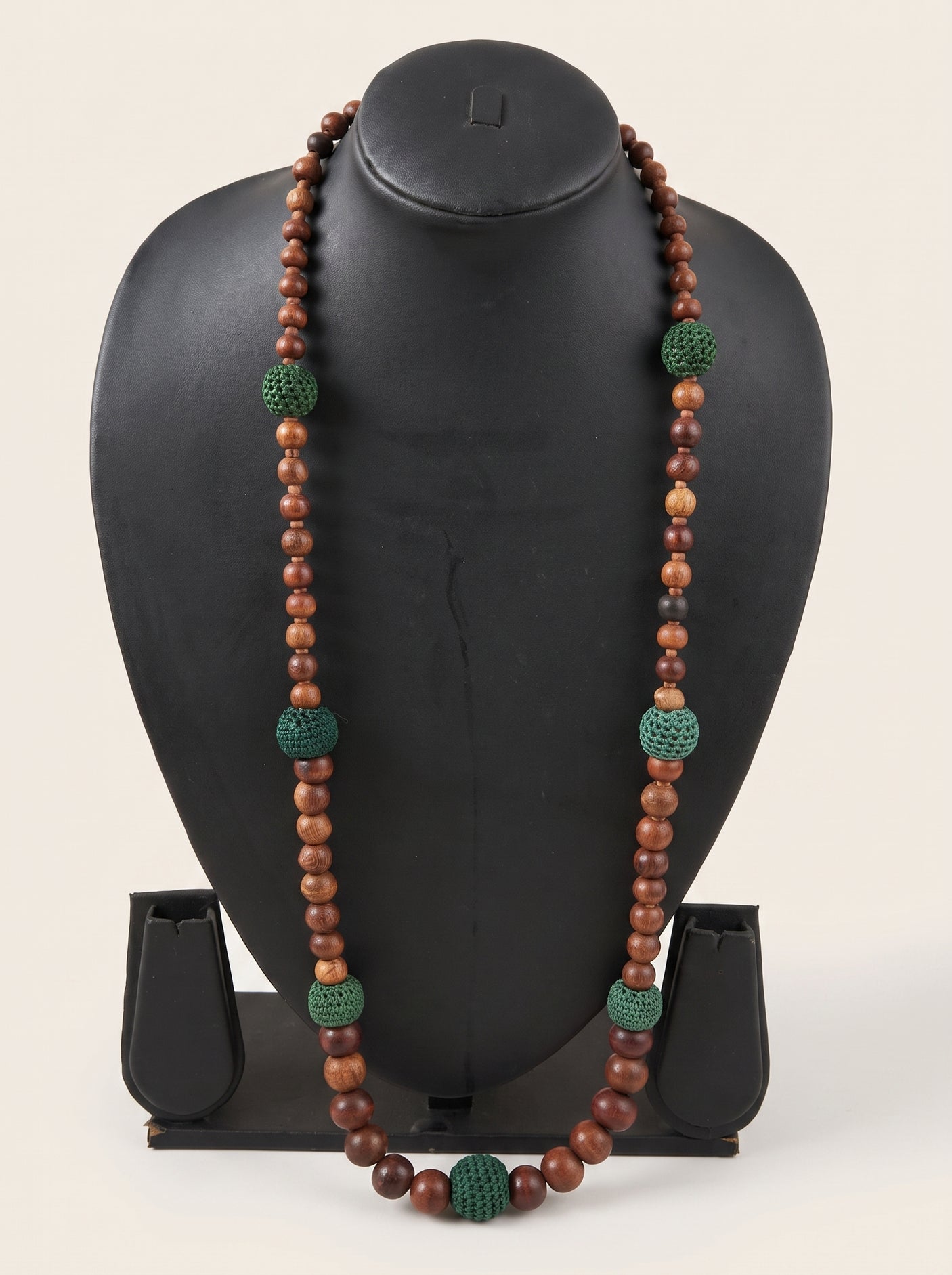 Wooden Beads Intertwined with Fabric Beads Long Elegant Necklace
