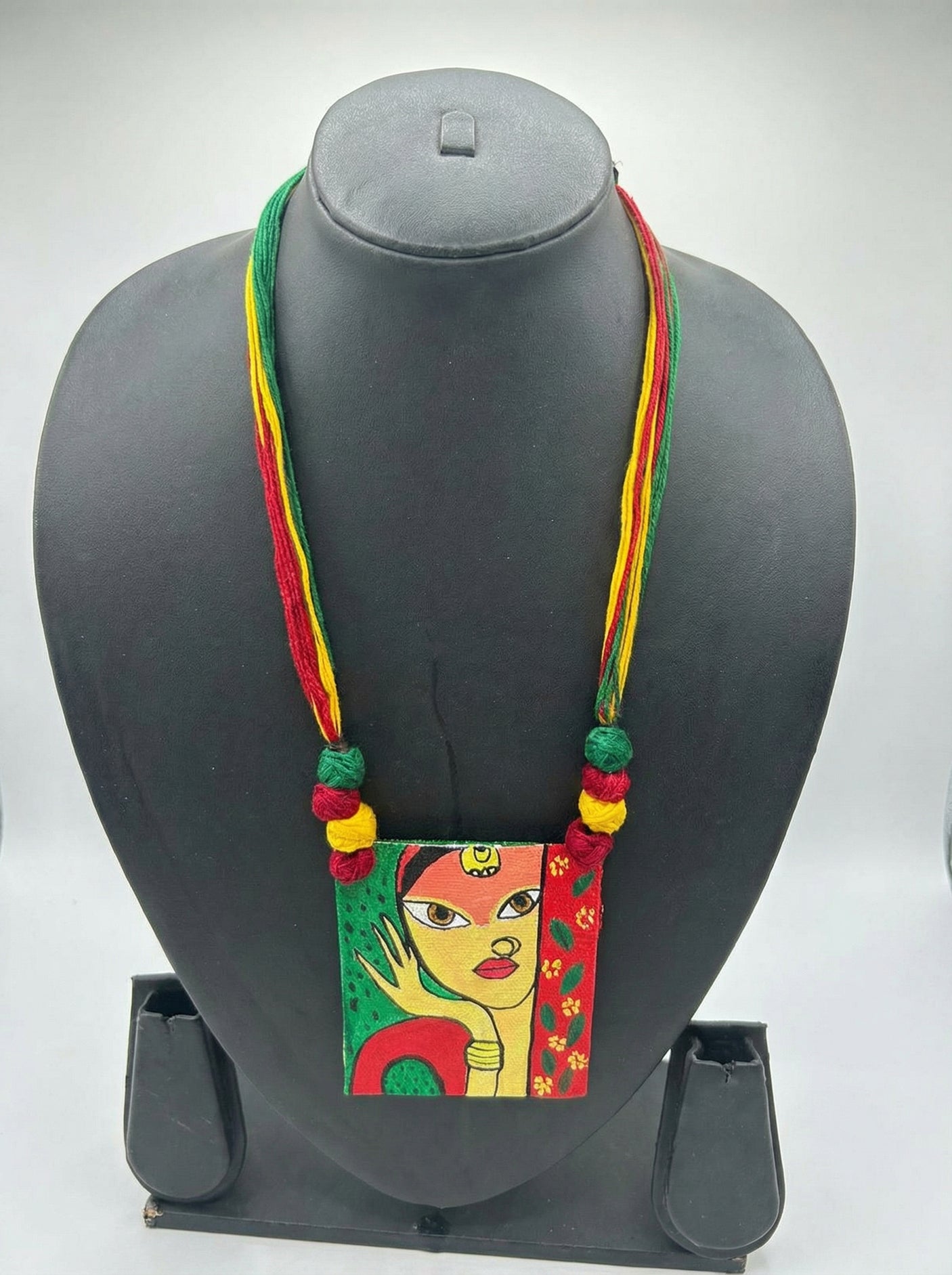 Woman Face Hand Painted Multi-Color Fabric Necklace