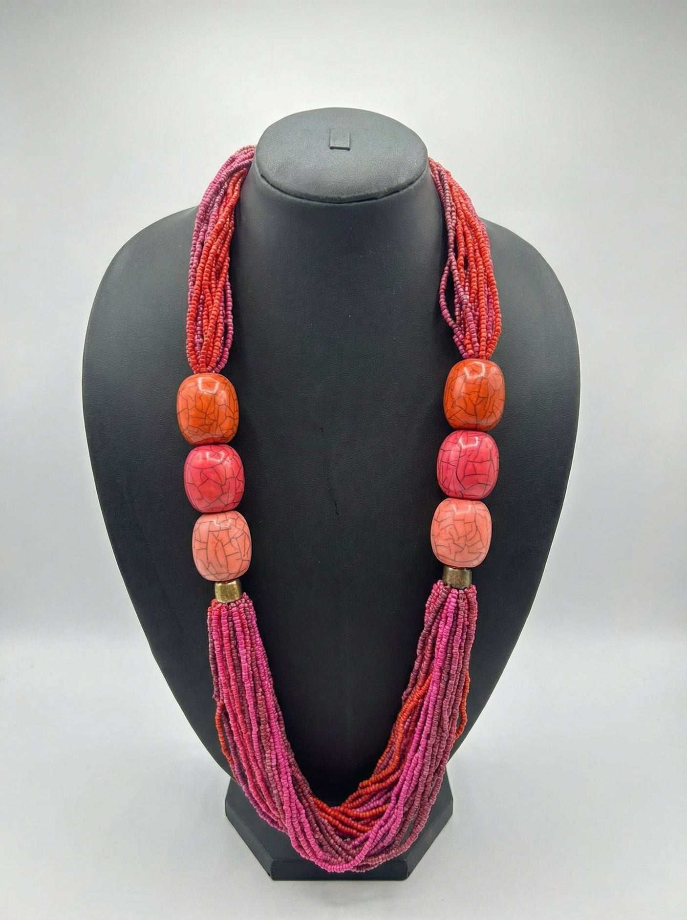 Multi-Strand Pink Seed Bead Necklace with Oversized Crackle Beads
