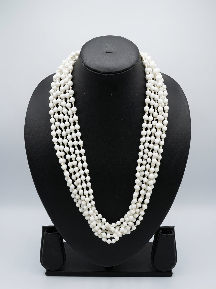 Multi Strand White Round Glass Bead Long Opera Necklace