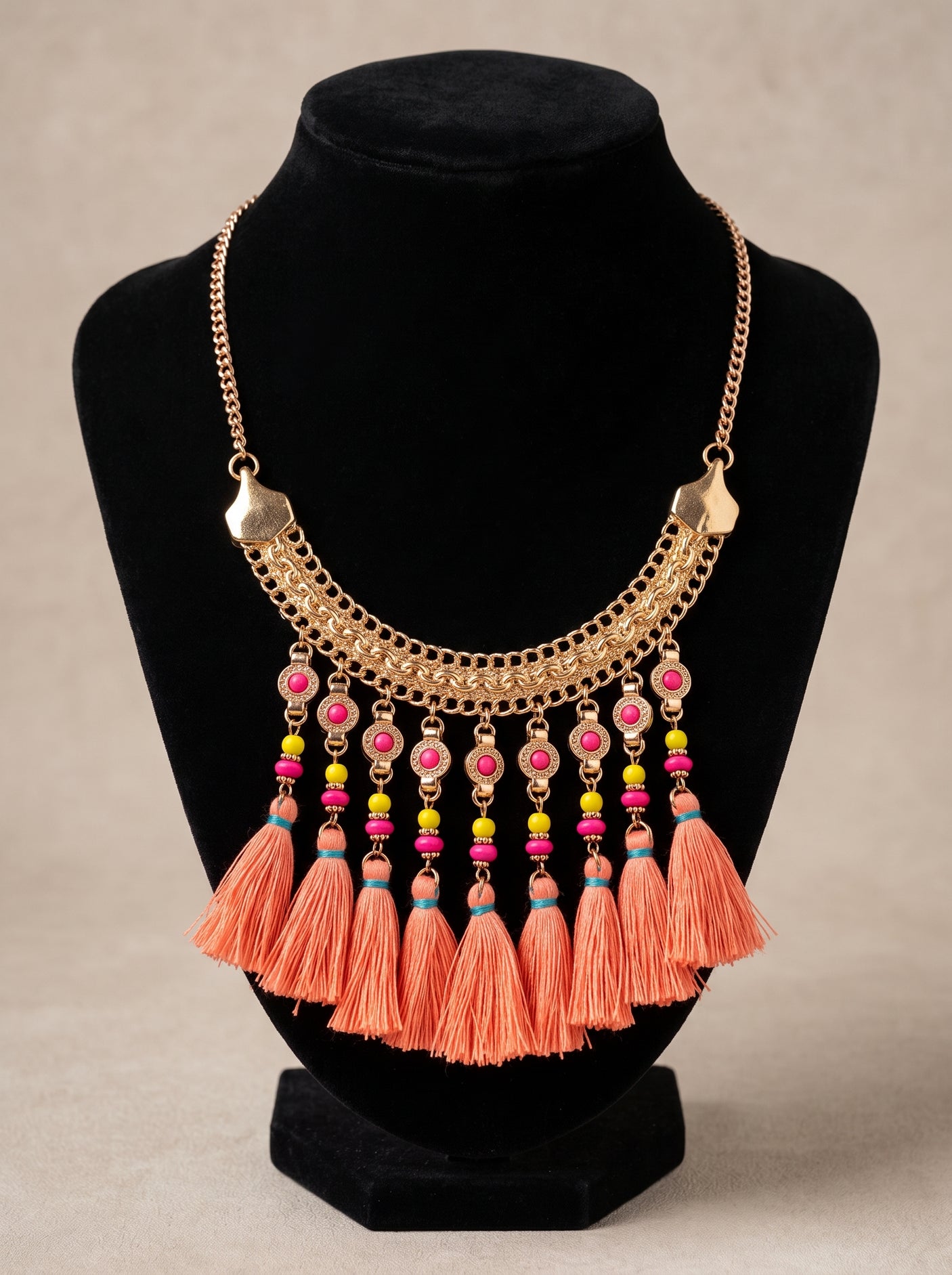 Pom Poms and Beads Gold Finish Long Boho Chain Necklace