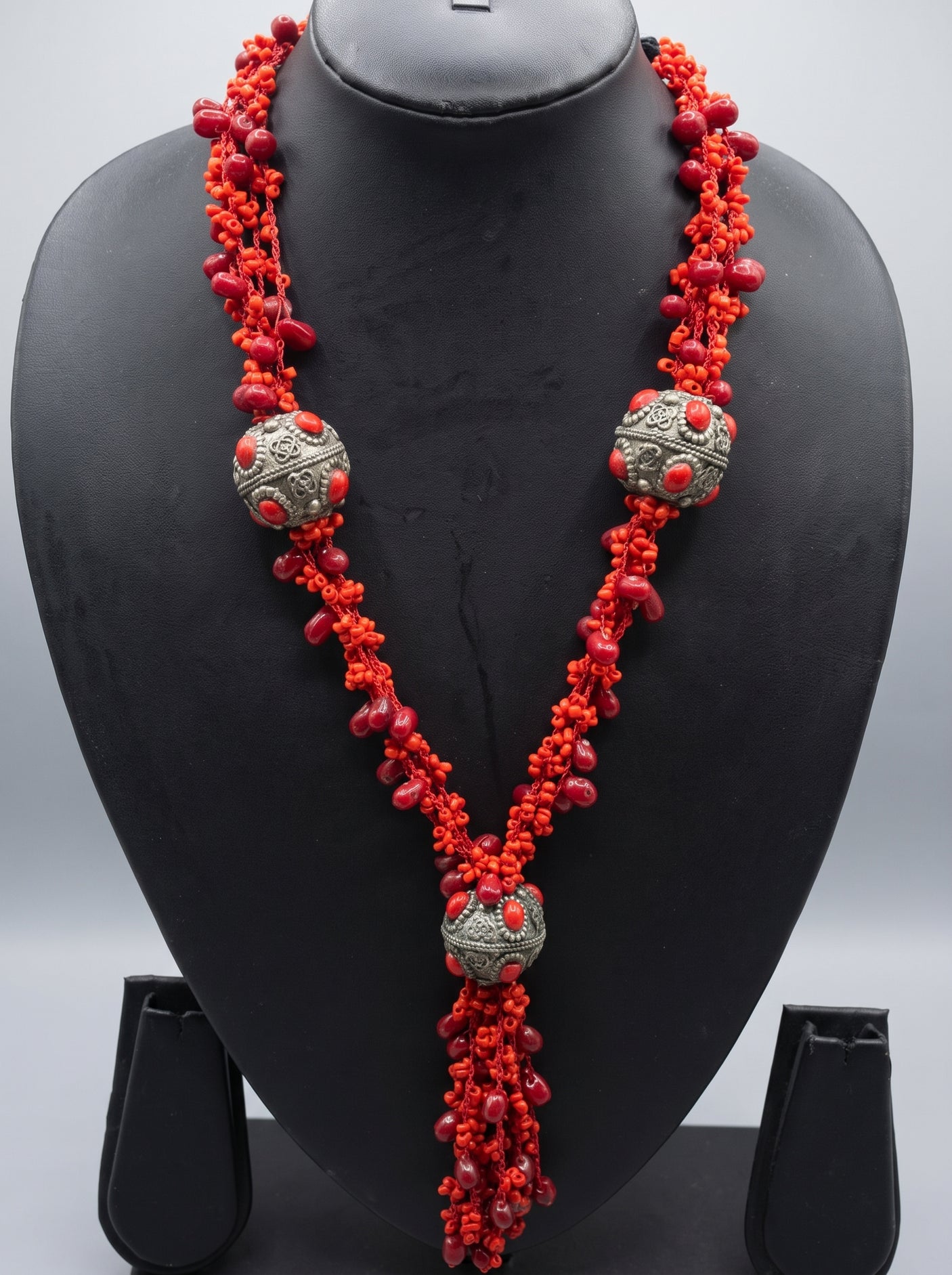 Red Beads Long Boho Necklace with Metal Accents