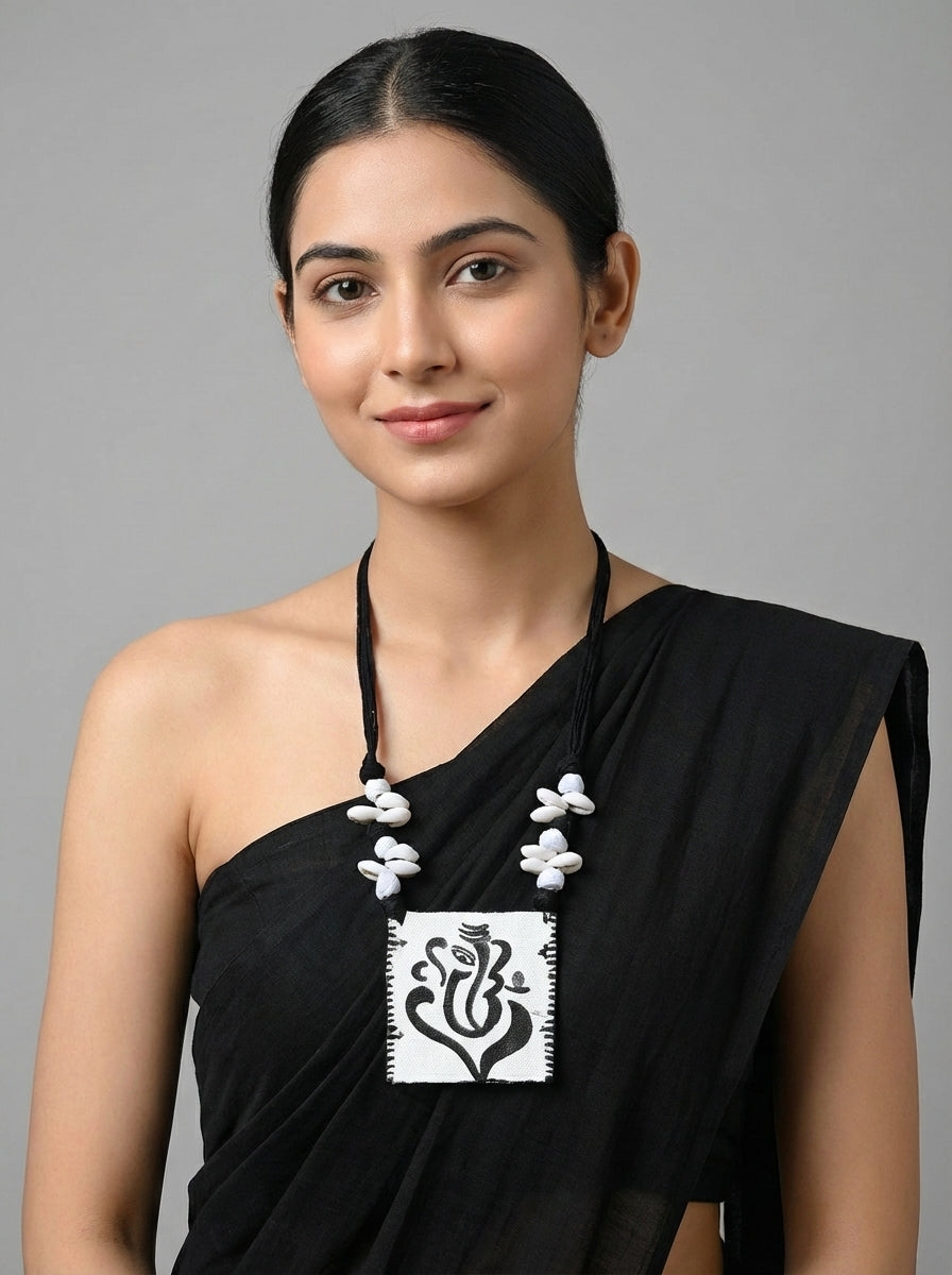White and Black Ganesha Hand Painted Fabric Necklace