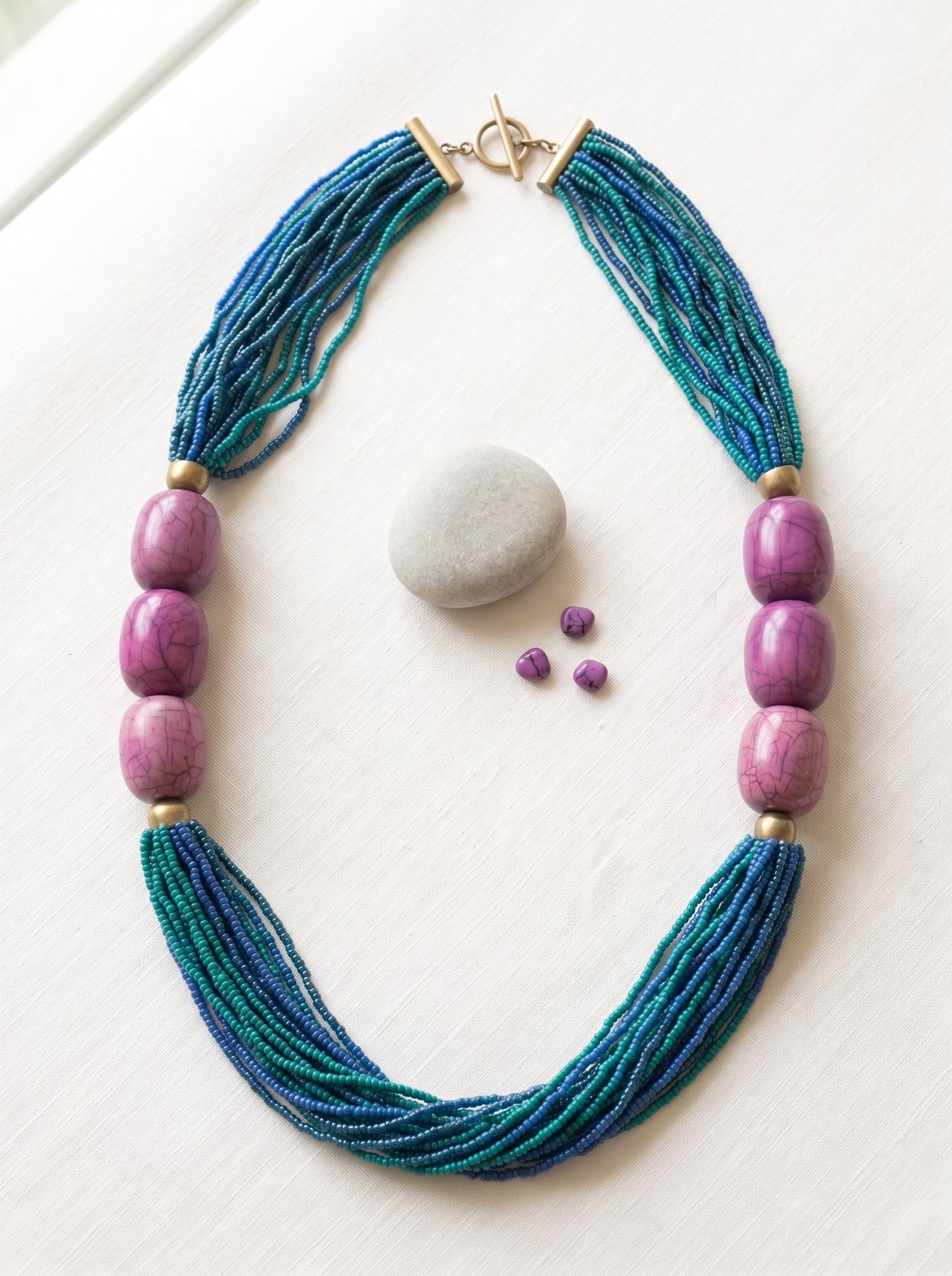 Ocean Blue Seed Bead Necklace with Lavender Stone Beads